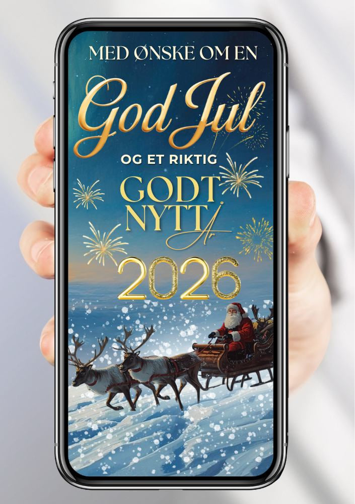 Julekort med blått vintermotiv og snøfnugg