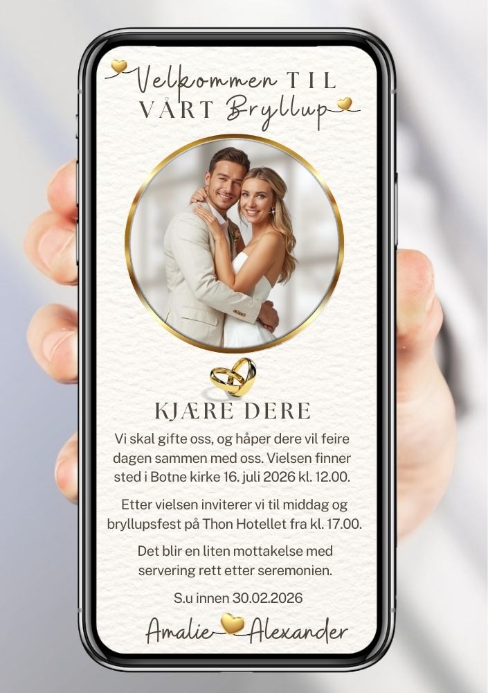 Bryllupsinvitasjon på SMS med gullring-design – digital og personlig fra KISS DEKOR