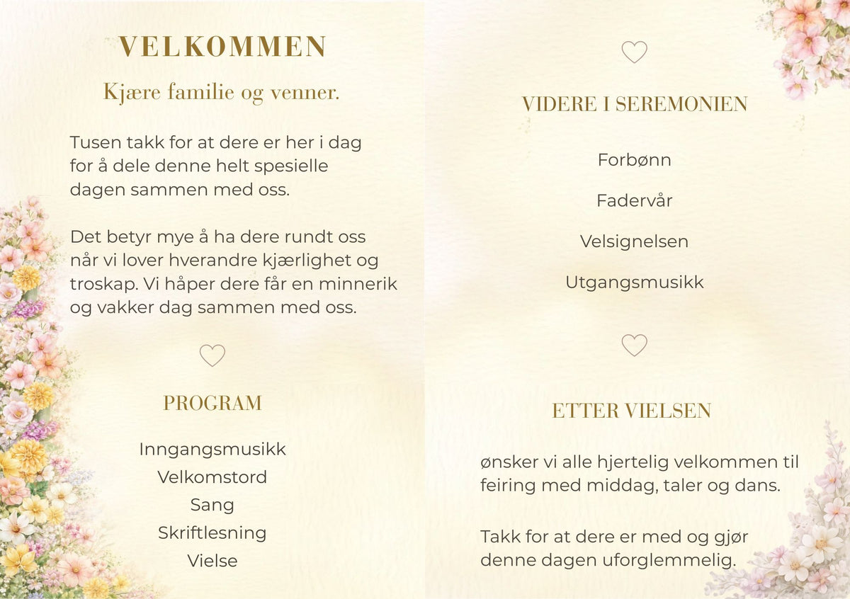 Bryllupsprogram Golden Meadow – innside med velkomsttekst og seremoniprogram med pastell blomsterdekor i hjørnene på beige bakgrunn