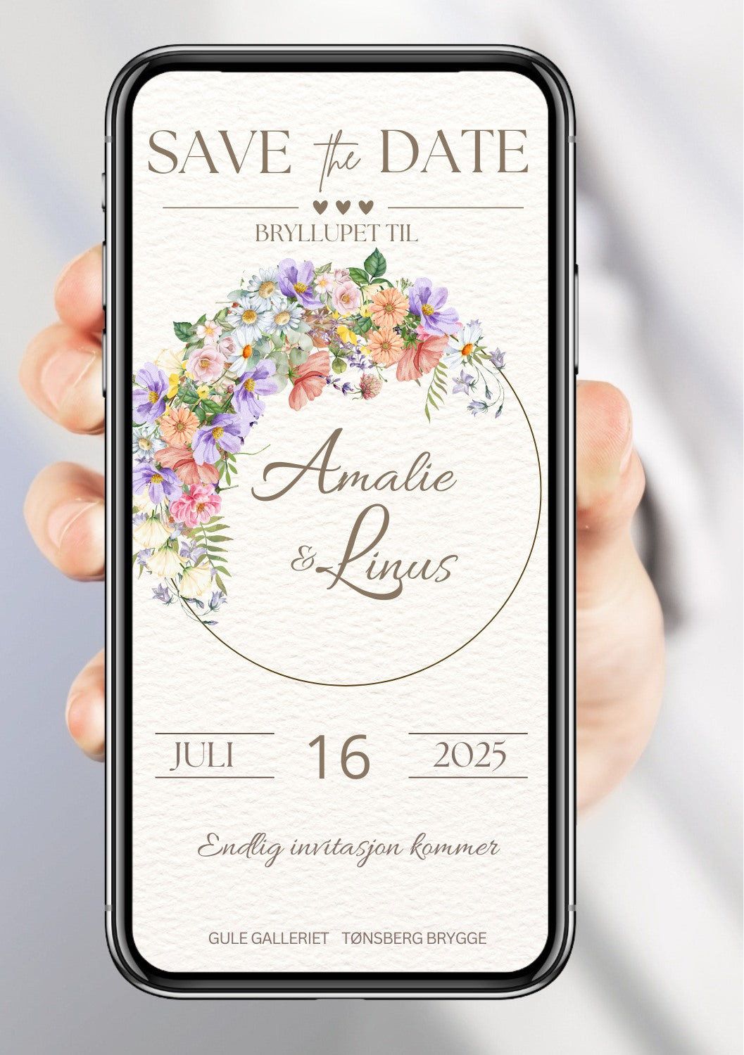 Save the Date akvarell blomsterkrans - personlig og elegant. Ferdig tekstforslag - KISS DEKOR