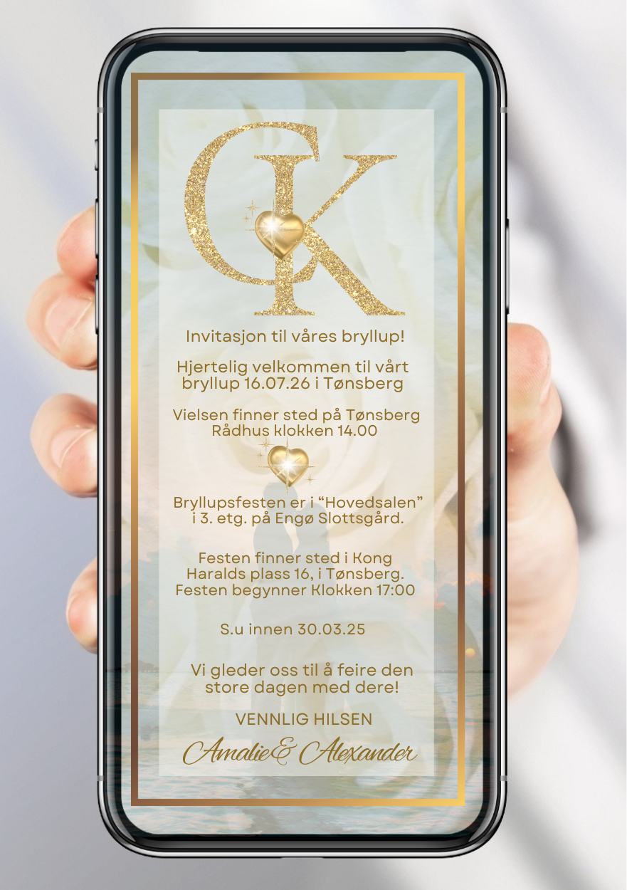 Bryllupsinvitasjon gull detaljer romantisk - personlig design med ferdig tekstforslag - KISS DEKOR