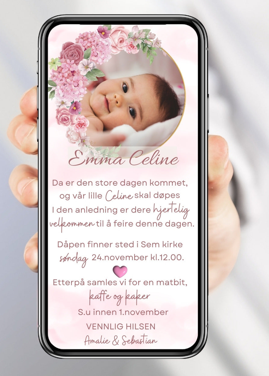 Invitasjon for navnefest og dåp – stilren design til mobil