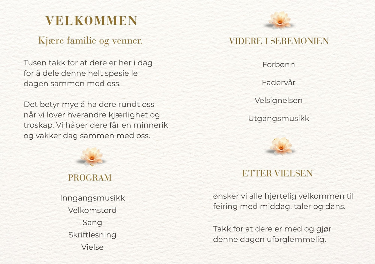 Bryllupsprogram Golden Hearts – innside med velkomsttekst og seremoniprogram dekorert med ferskenfargede blomster og gullskrift på kremfarget bakgrunn