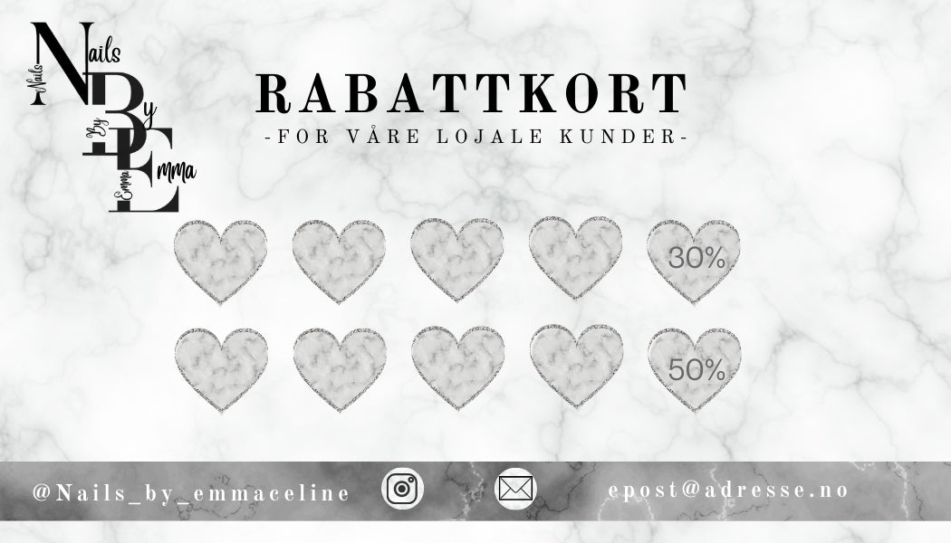 Utskrivbare rabattkort med tilpasset design og tekst