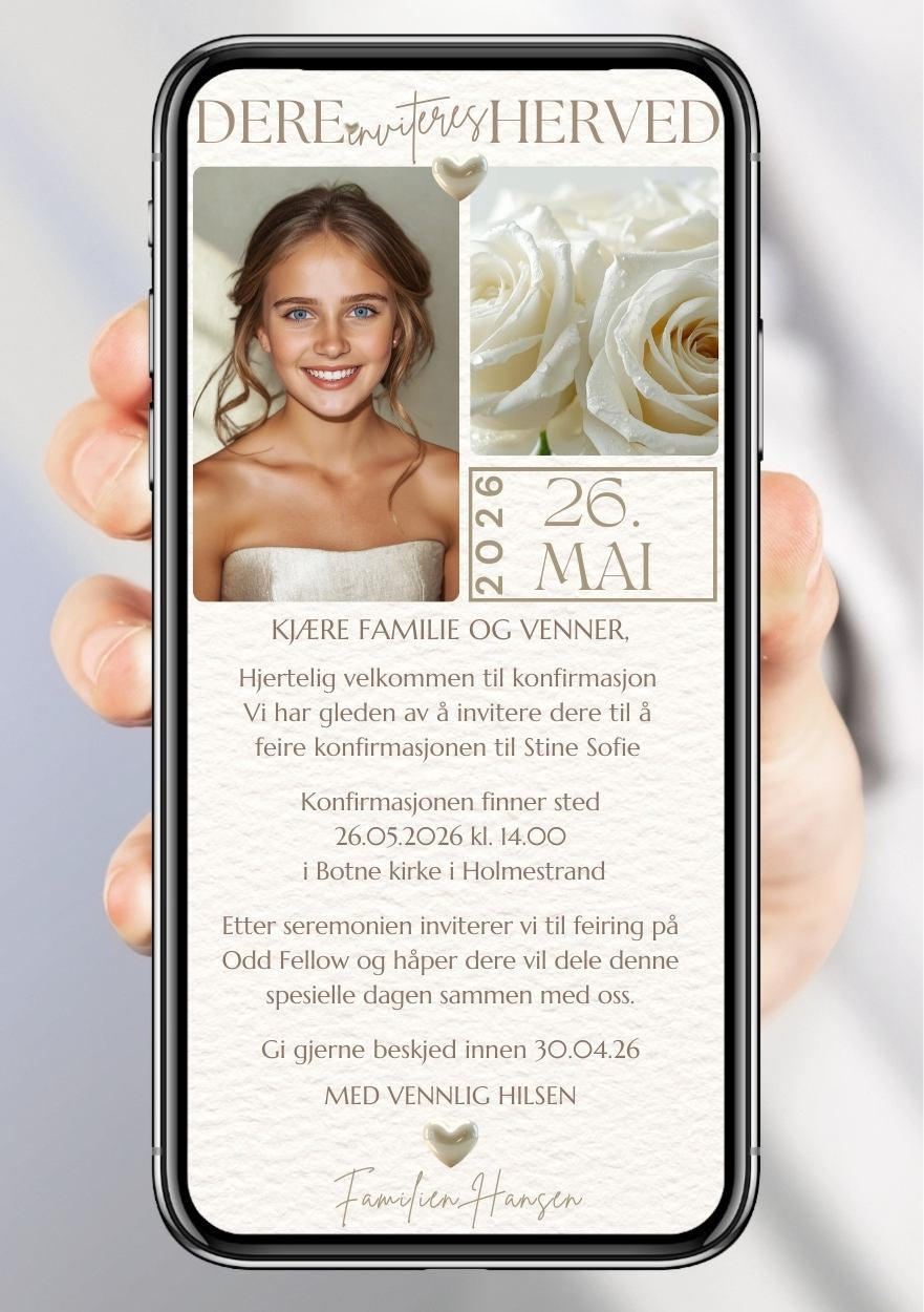 Digital konfirmasjonsinvitasjon med personlig foto og hvite roser – elegant design med dato og hilsen vist på mobil fra KISS DEKOR