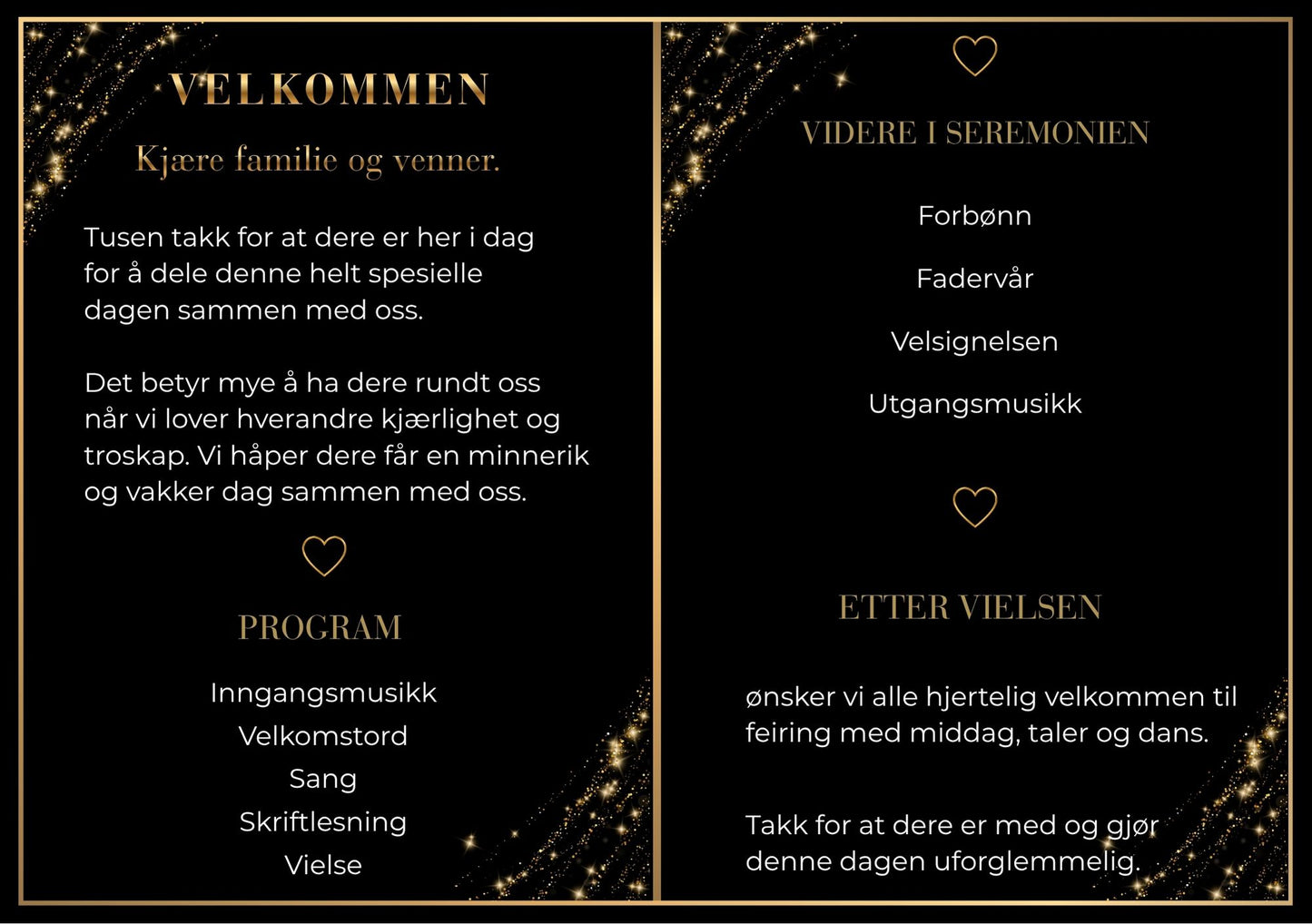 Bryllupsprogram Black Gold – innside med velkomsttekst og seremoniprogram i gullskrift mot helsvart bakgrunn med gullglitter i hjørnene