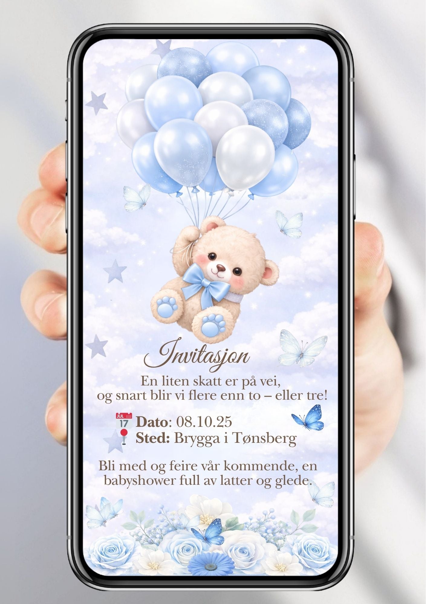 Mobil babyshower-invitasjon med bamse som holder lyseblå ballonger blant sommerfugler, stjerner og blå roser – vist på mobilskjerm