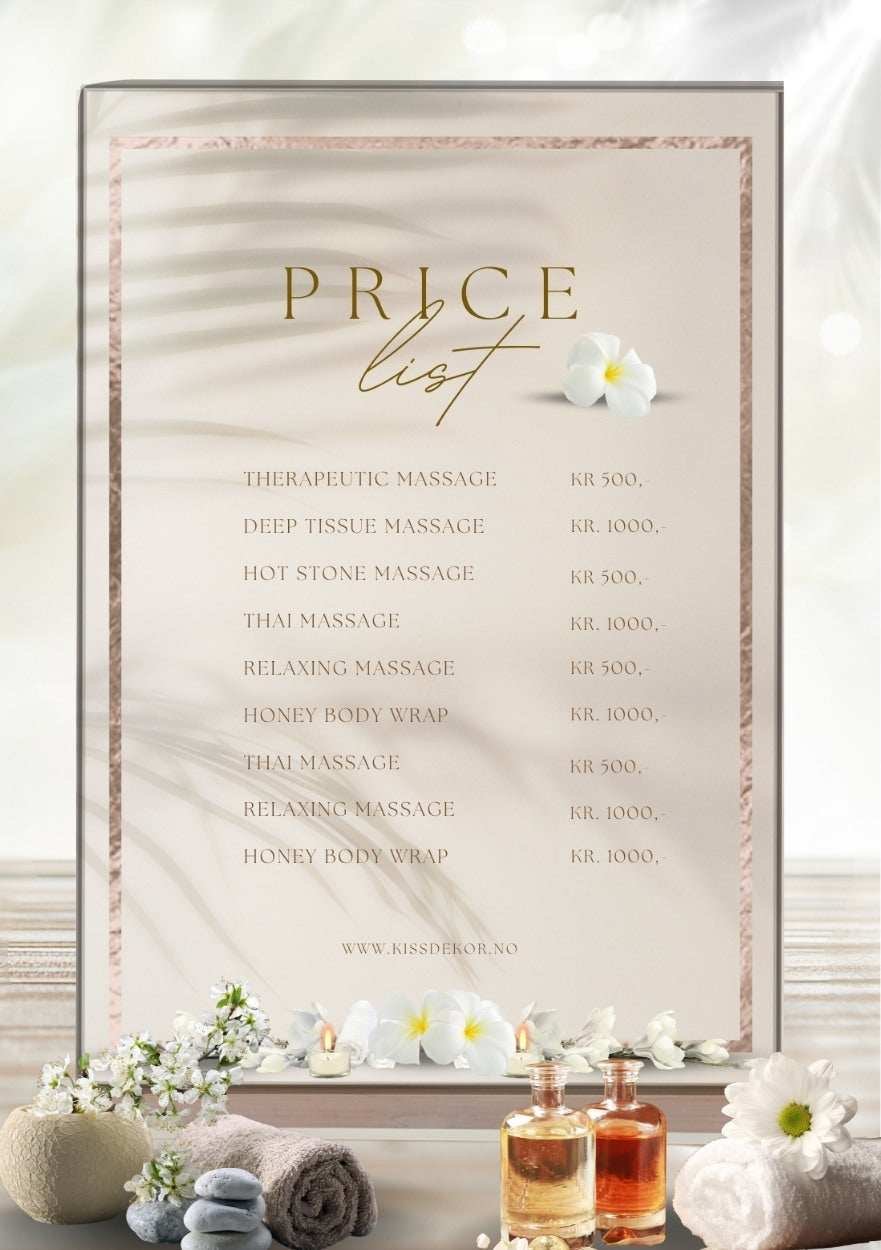Prisliste massasje – elegant meny for massasjeterapeut