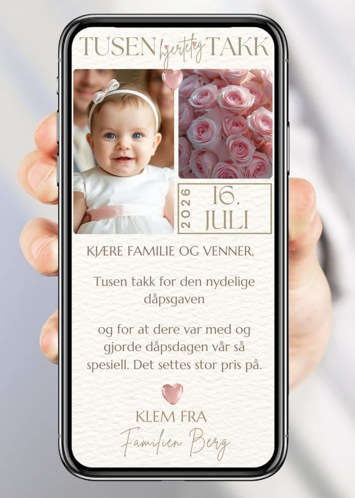 Takkekort til dåp rosa design med personlig tekst
