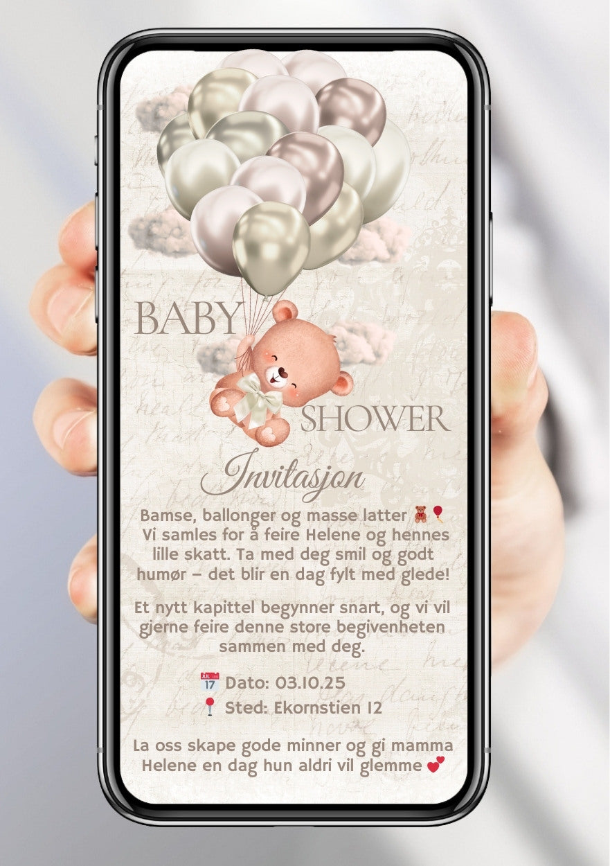 Digital babyshower invitasjon for mobil med tilpasset tekst og design