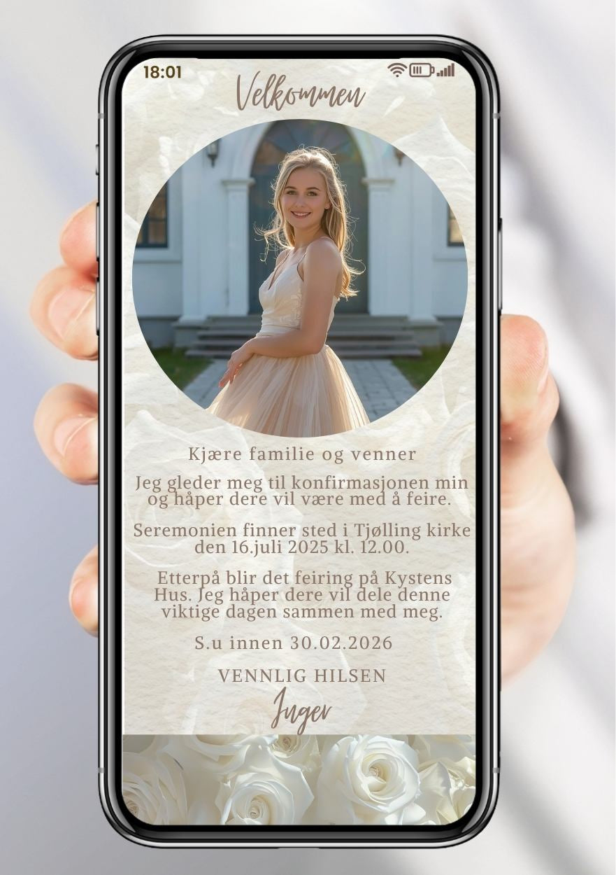 Konfirmasjonsinvitasjon hvite roser moderne med rundt bilde personlig design med ferdig tekstforslag - KISS DEKOR
