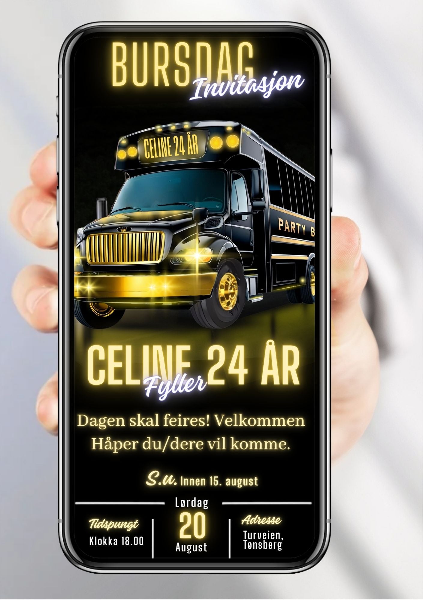 Digital bursdagsinvitasjon med sort og gull party bus, vist på mobilskjerm
