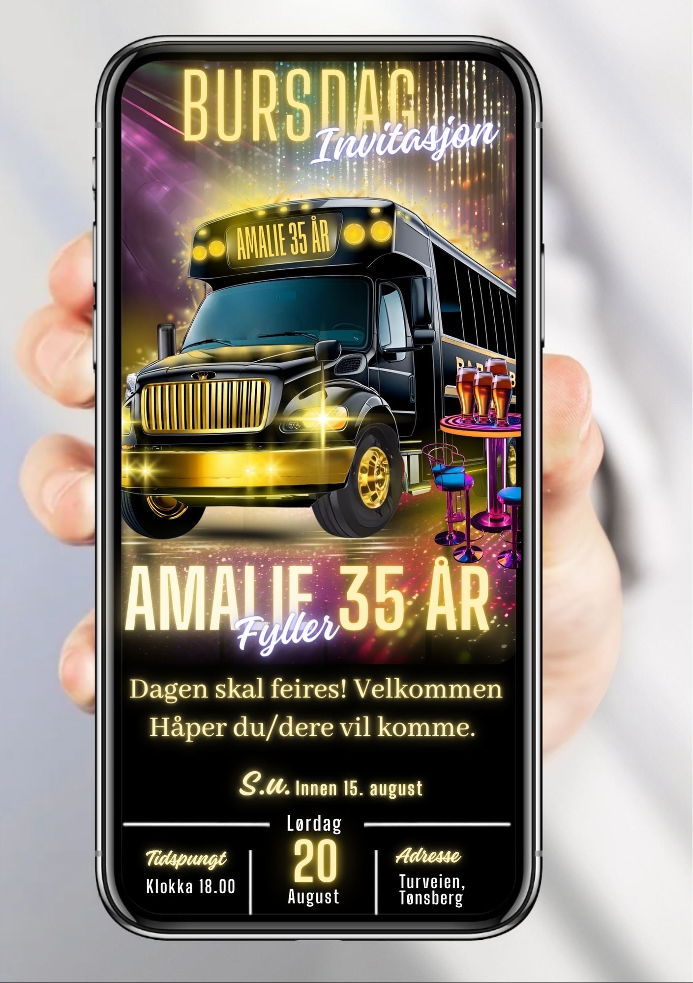 Digital bursdagsinvitasjon med sort party buss, barstoler og rosa festlys, vist på mobilskjerm