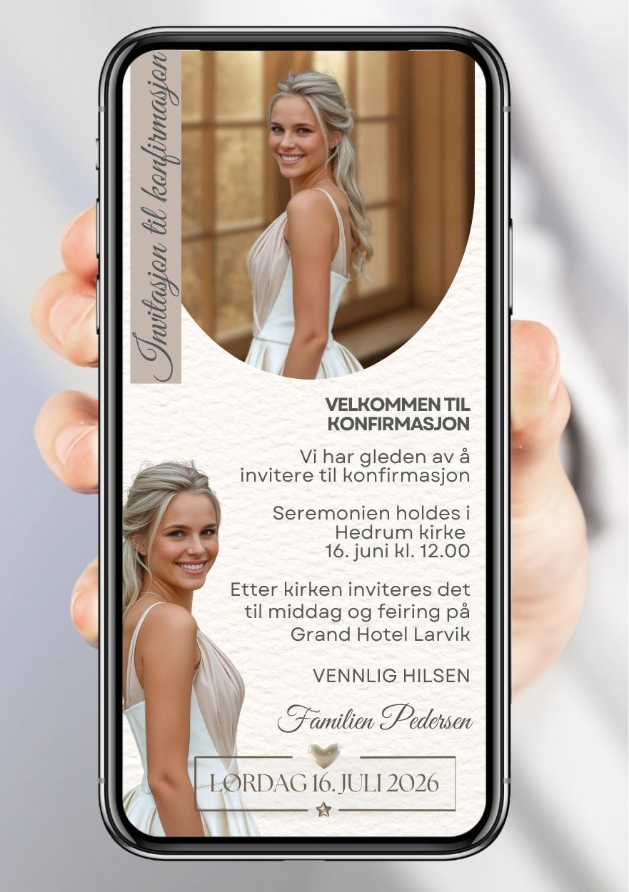 Konfirmasjonsinvitasjon hvit med 2 bilder - personlig design med ferdig tekstforslag - KISS DEKOR