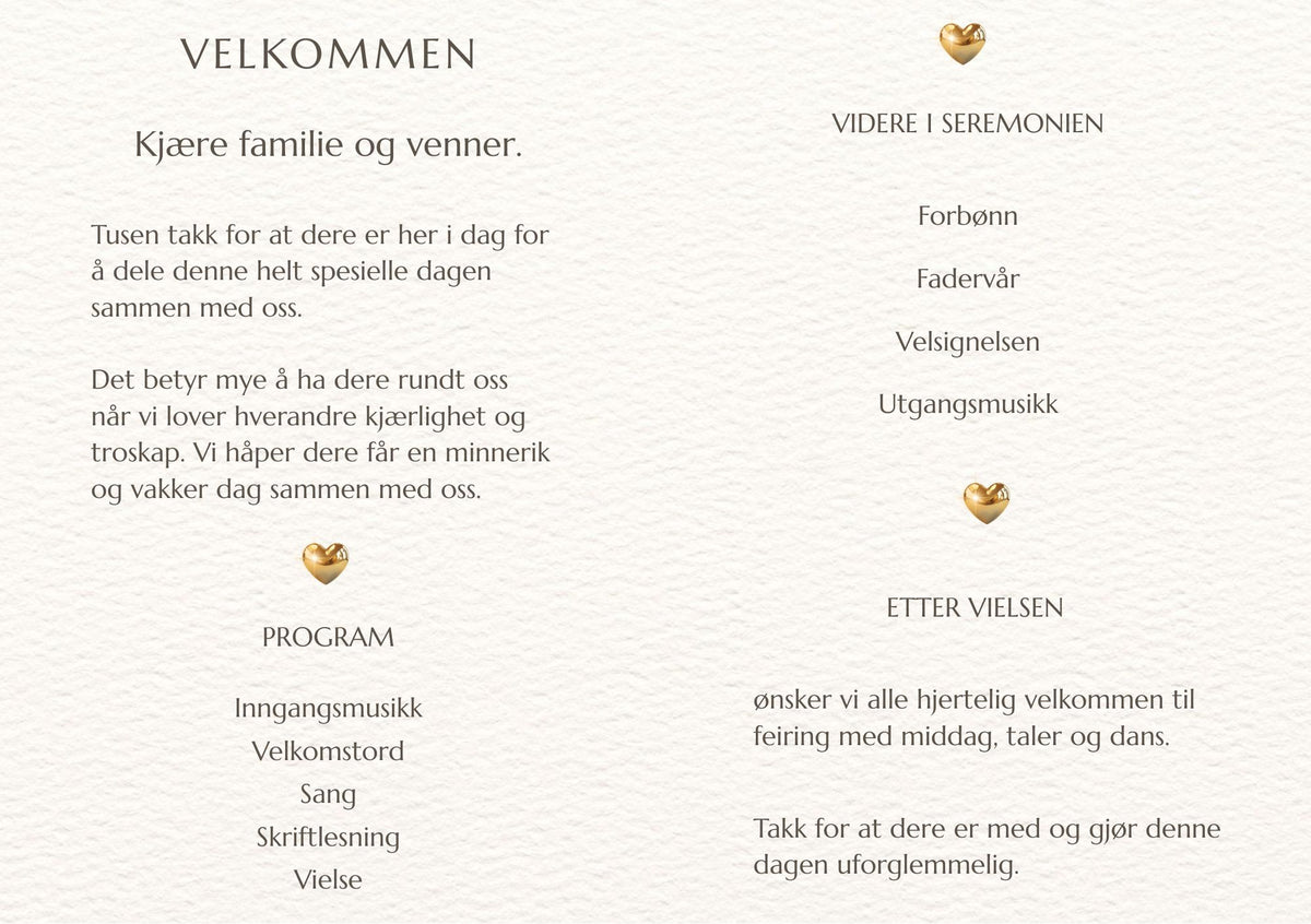 Bryllupsprogram Gold Hearts – innside med velkomsttekst og seremoniprogram dekorert med 3D-gullhjerter på kremfarget teksturert bakgrunn