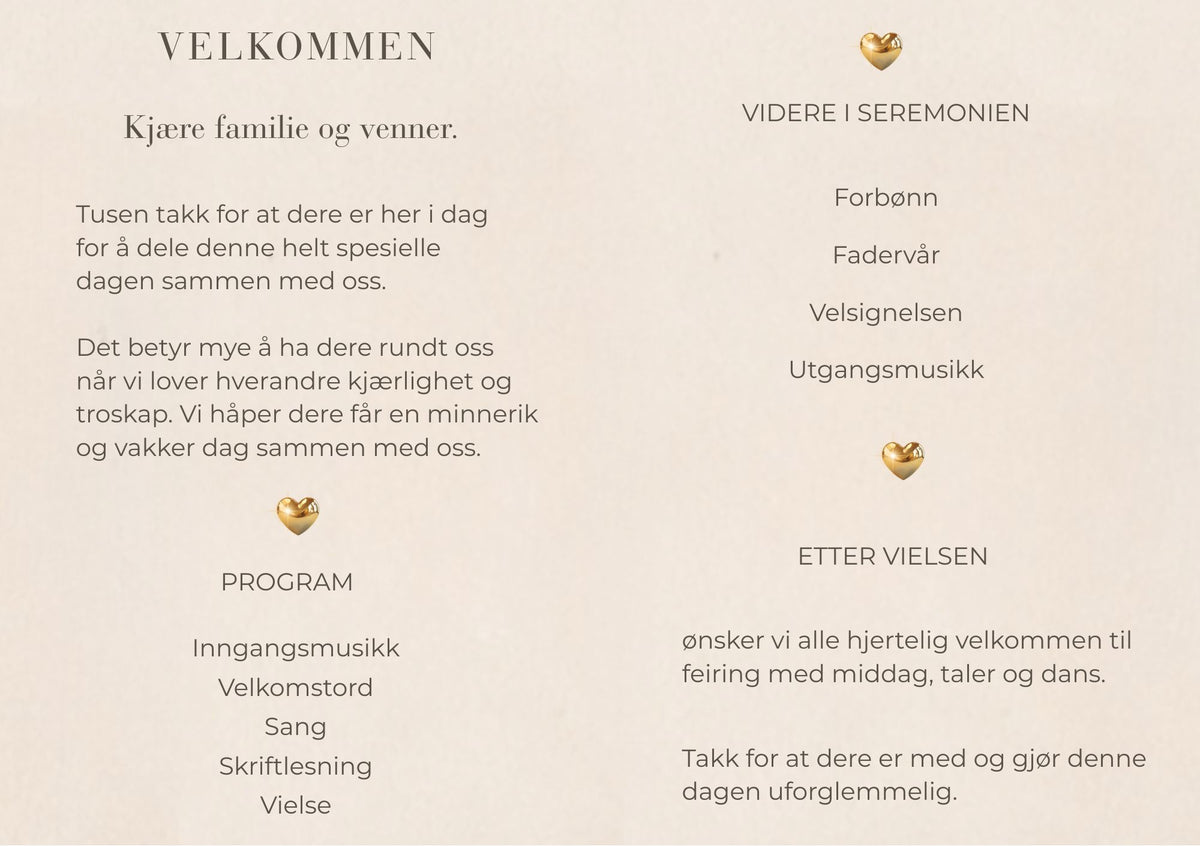 Bryllupsprogram Warm Gold – innside med velkomsttekst og seremoniprogram dekorert med 3D-gullhjerter på varm sandfarget bakgrunn