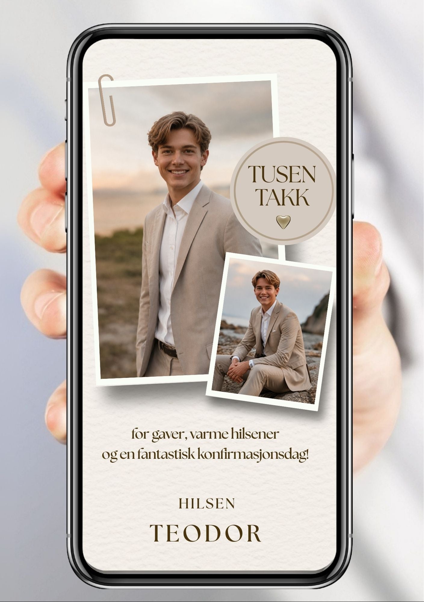 Digitalt takkekort til konfirmasjon i beige polaroidstil med to personlige bilder og takketekst, vist på mobilskjerm