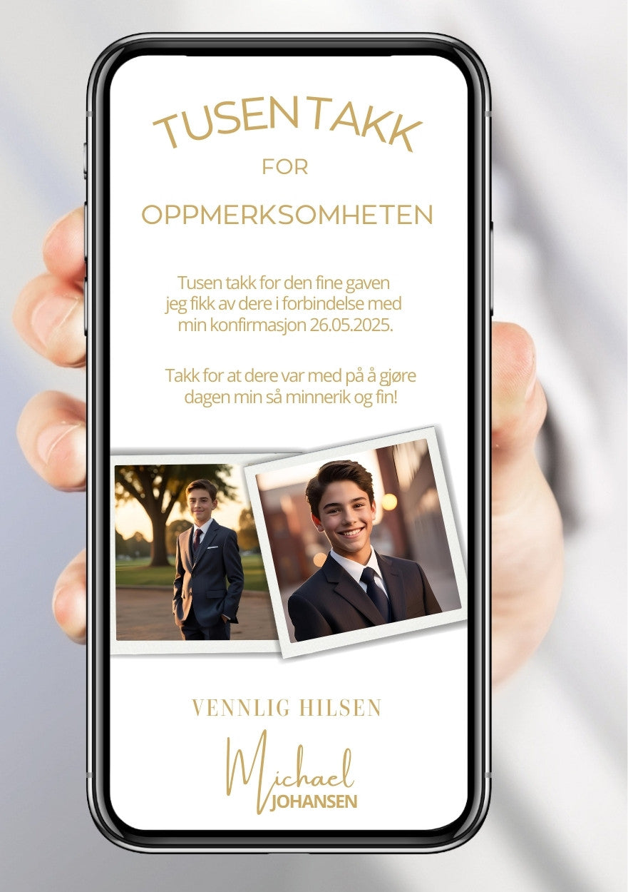 Takkekort konfirmasjon hvit collage elegant - personlig design med ferdig tekstforslag