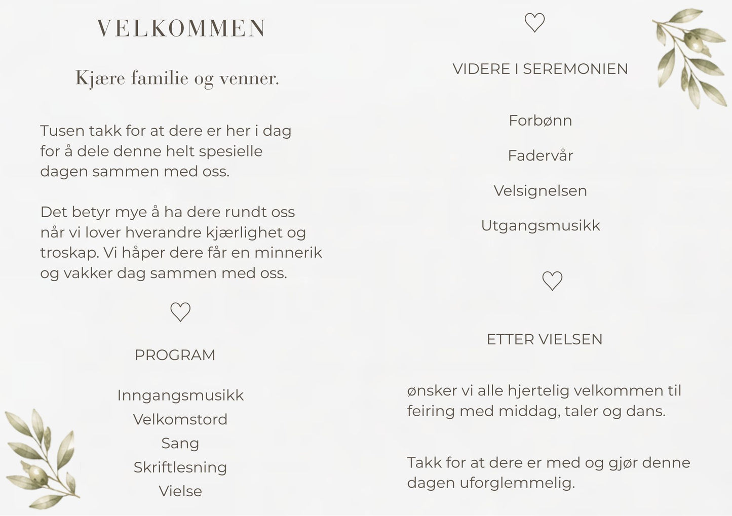 Bryllupsprogram Eucalyptus – innside med velkomsttekst og seremoniprogram med eukalyptusgrener i hjørnene, baksiden med svart-hvitt brudeparbilde