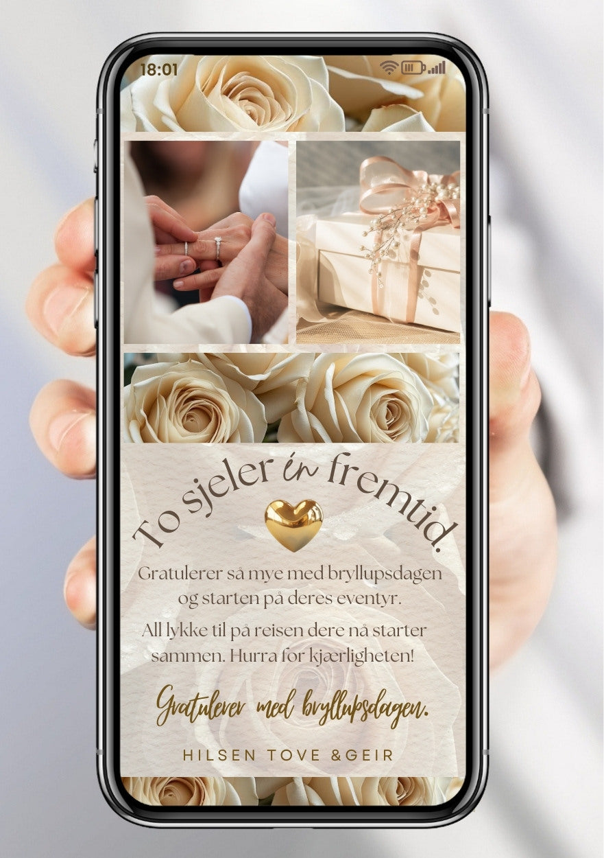 Lykke til med bryllupet - digital gratulasjon til brudepar med beige roser og personlig hilsen