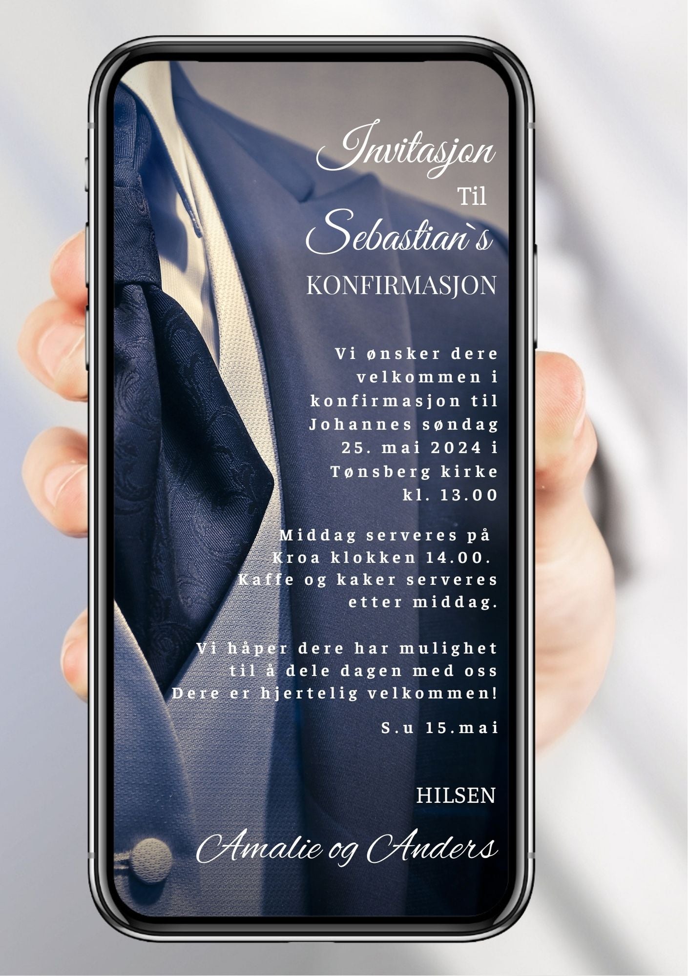 Mobilinvitasjon konfirmasjon dress marineblå – elegant design