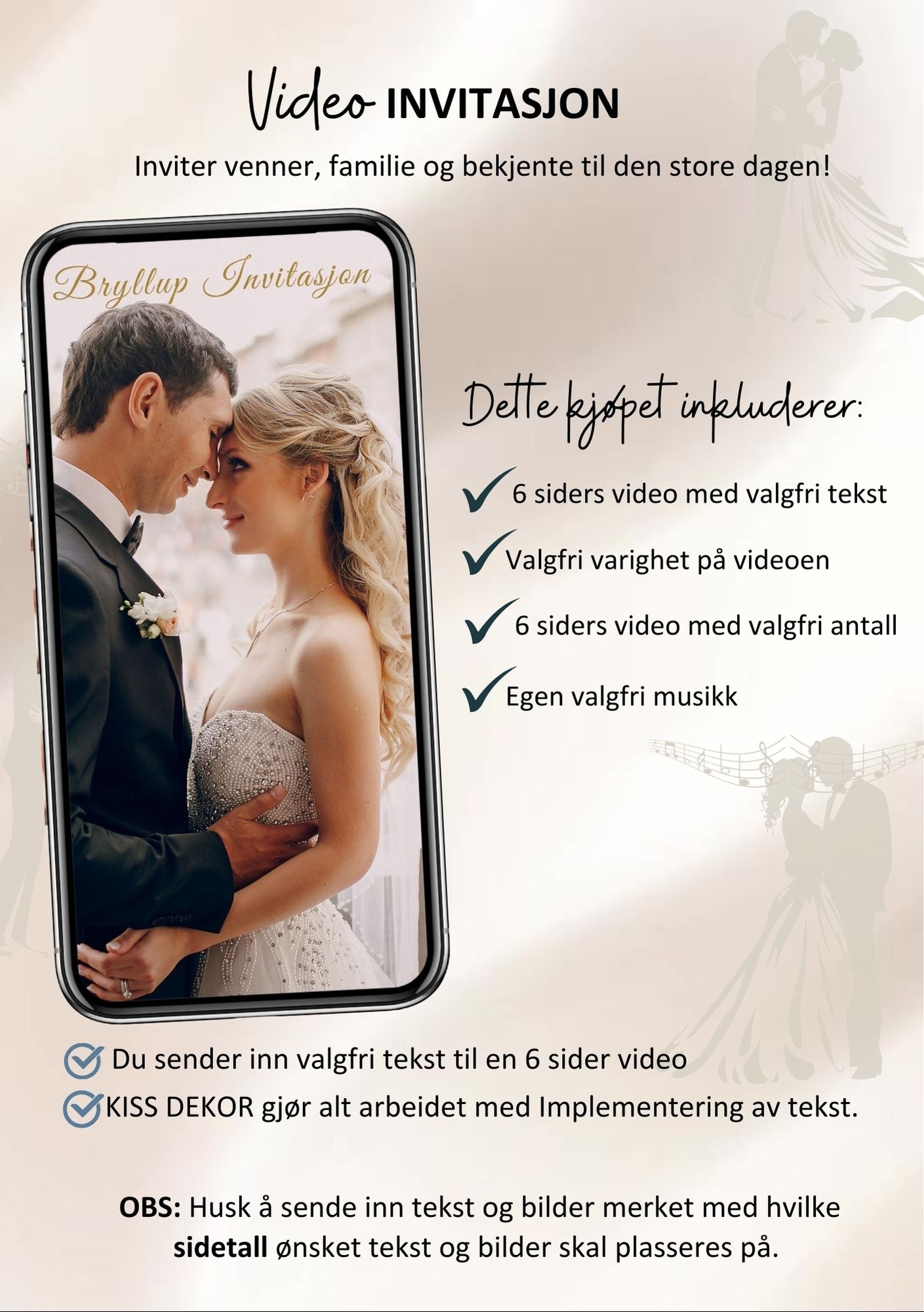 Bryllupsvideo invitasjon moderne med musikk - personlig design med ferdig tekstforslag - KISS DEKOR