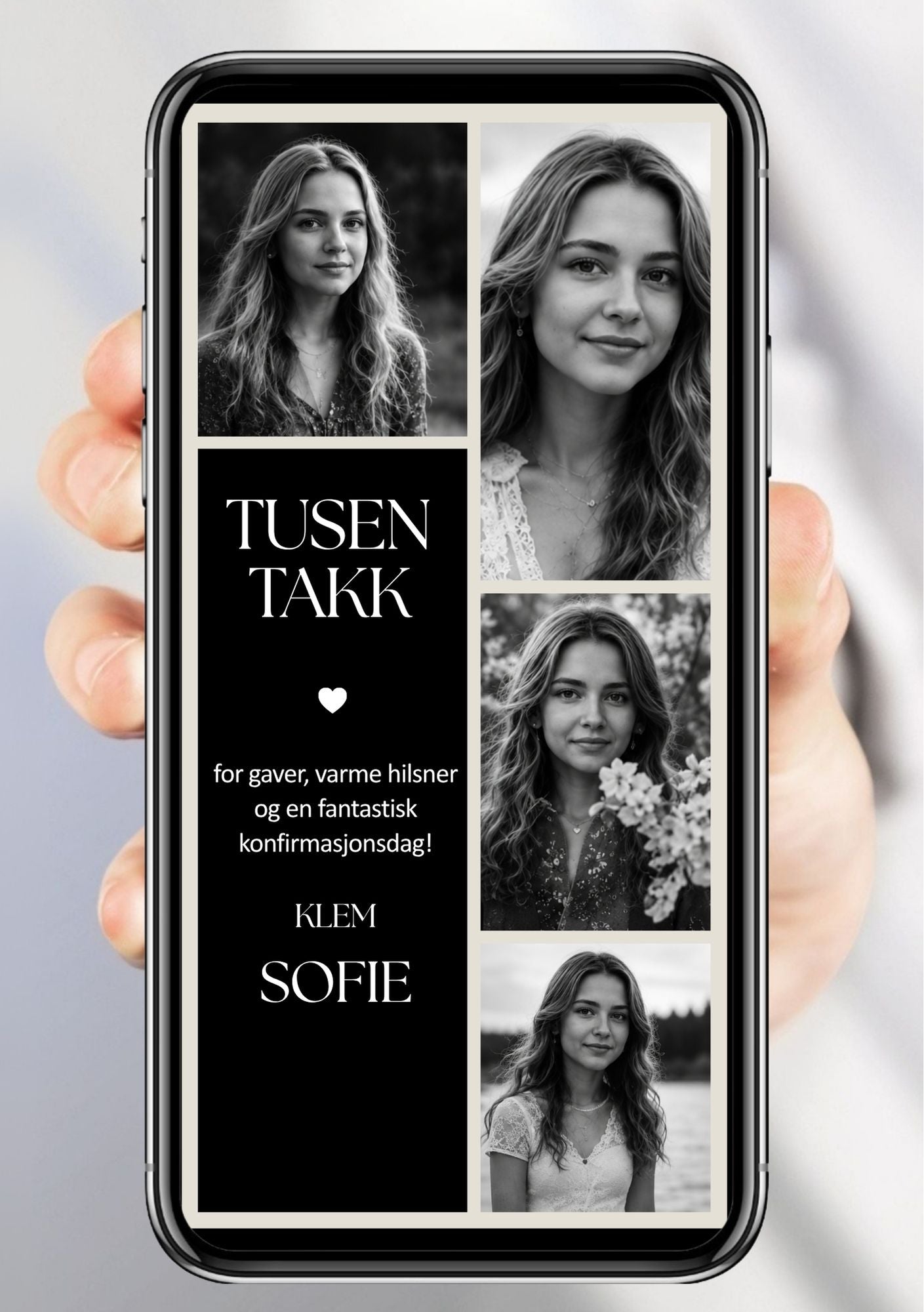 Digitalt takkekort til konfirmasjon i sort og hvitt med tre bilder og personlig takketekst, vist på mobilskjerm