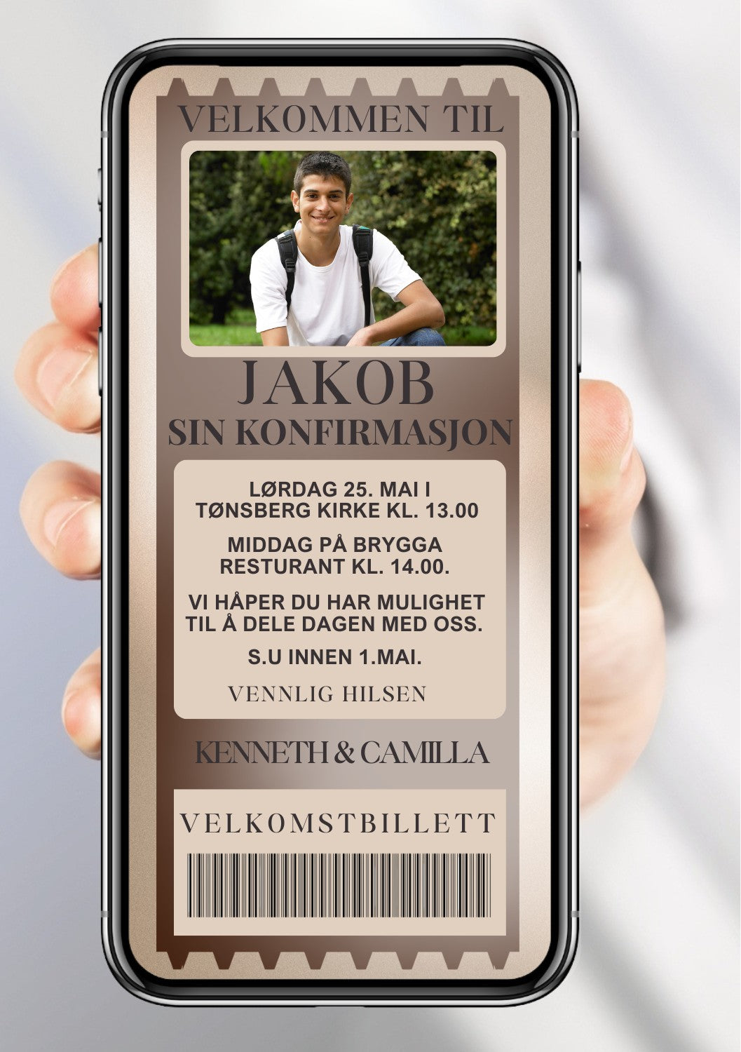 Konfirmasjonsinvitasjon brun billett med bilde personlig design med ferdig tekstforslag - KISS DEKOR