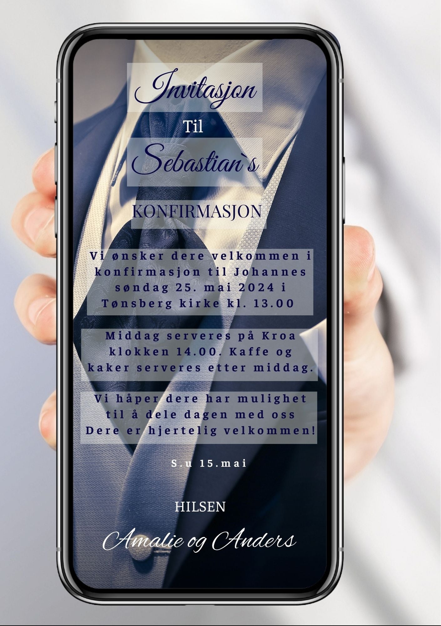 Mobilinvitasjon konfirmasjon dress med slipps marineblå – elegant design