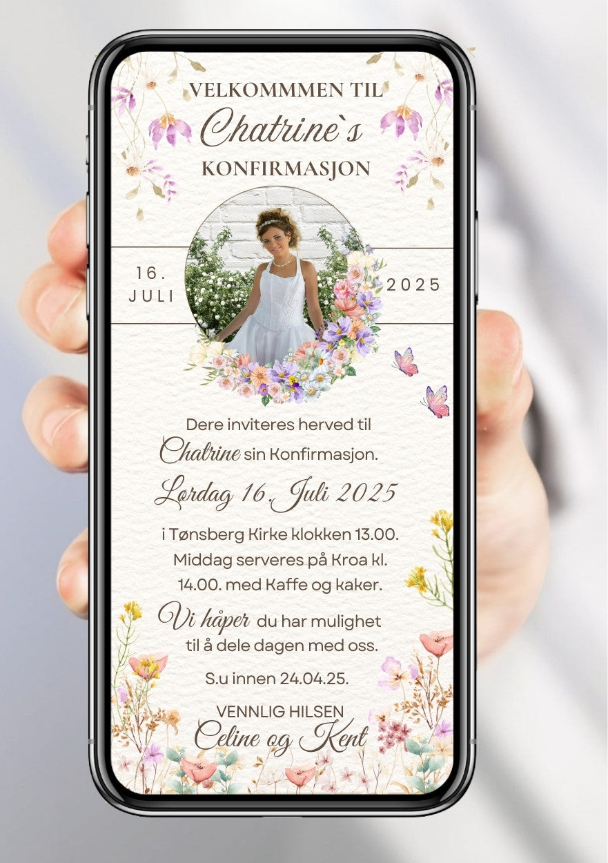 Konfirmasjonsinvitasjon hvit med søte blomster bilde personlig design med ferdig tekstforslag - KISS DEKOR