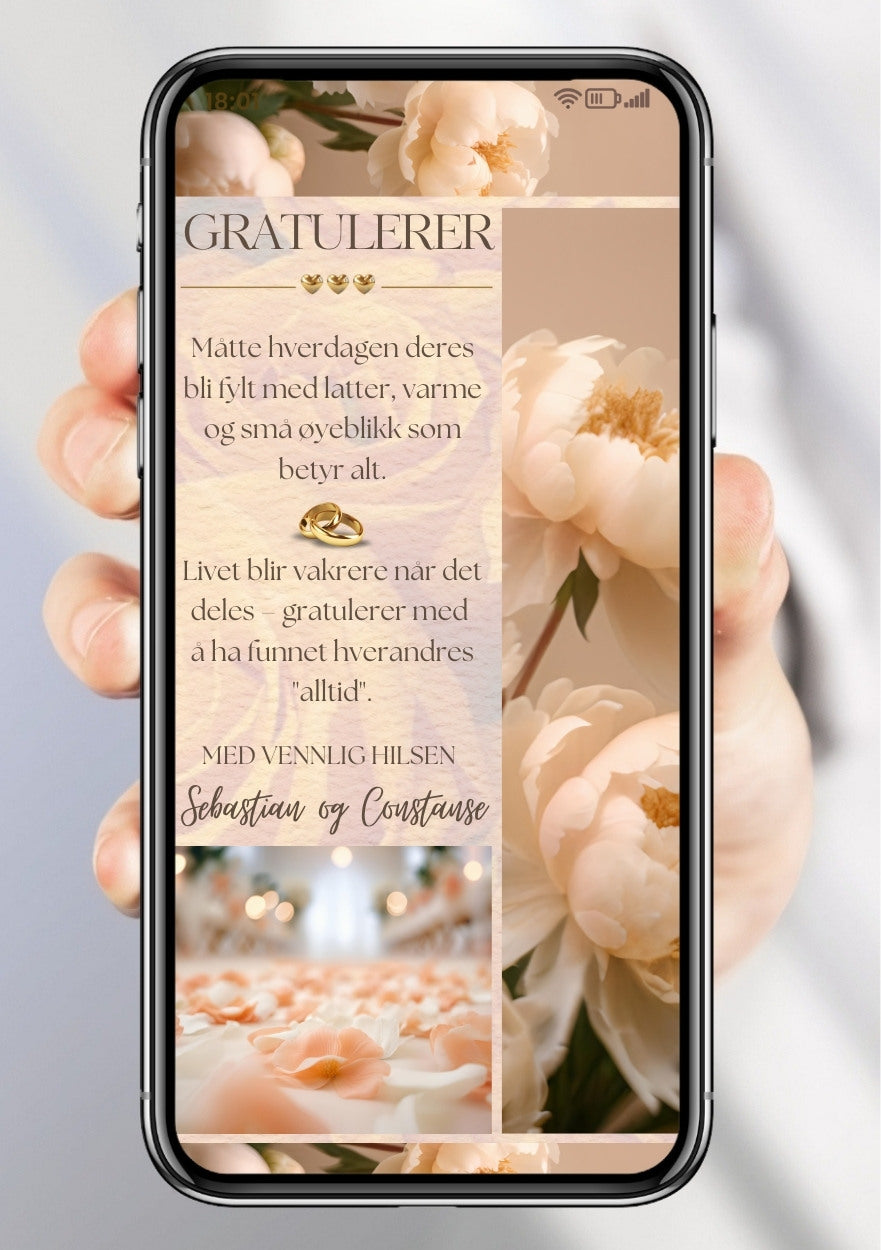 Digitalt gratulasjonskort til brudepar med pioner og varmbeige toner – personlig hilsen vist på mobil fra KISS DEKOR