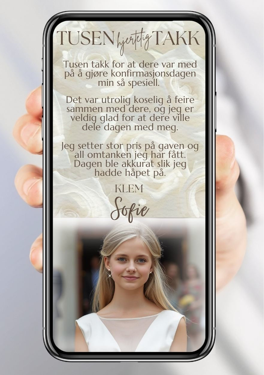 Takkekort konfirmasjon rose moderne - personlig design med ferdig tekstforslag - KISS DEKOR
