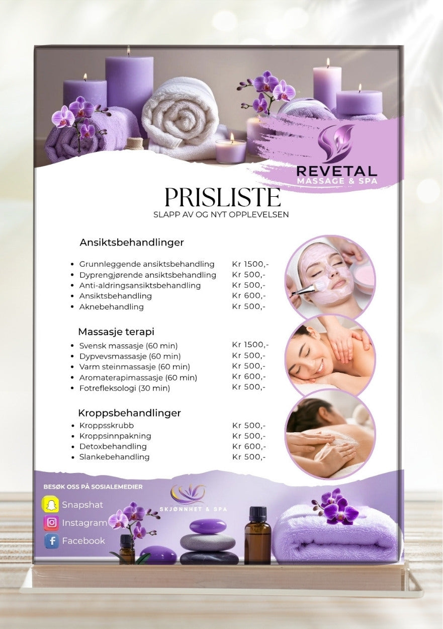 Prisliste spa lilla collage – elegant meny for spa og velvære