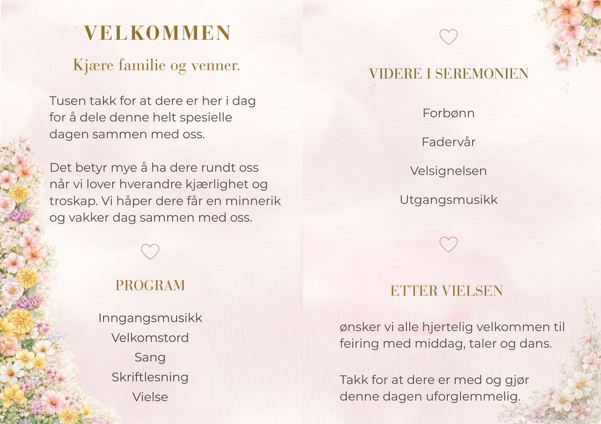 Bryllupsprogram Garden Bloom – innside med velkomsttekst og seremoniprogram omgitt av pastell blomsterdekor i hjørnene