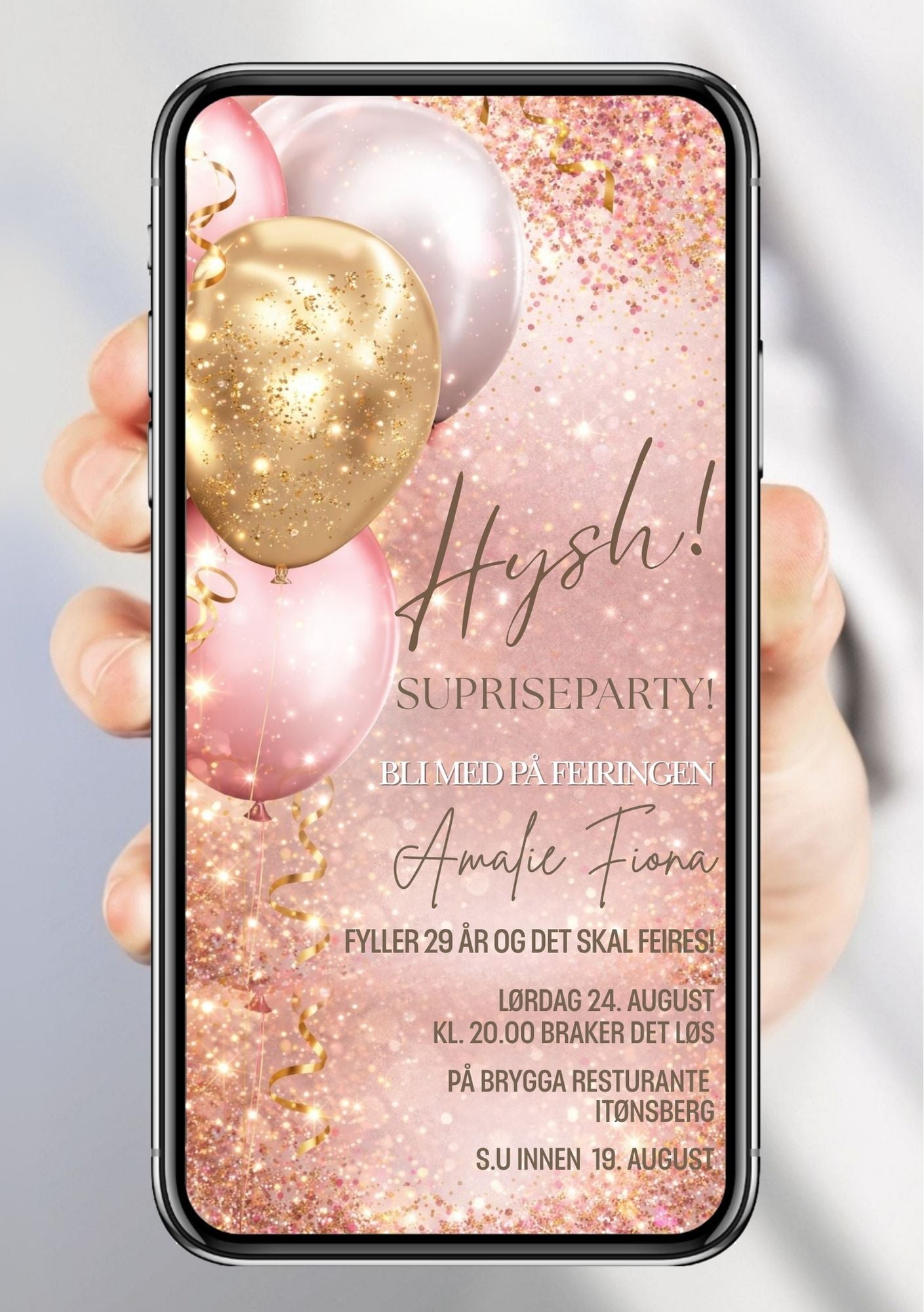 Mobil overraskelsesparty-invitasjon med rosa og gull ballonger, konfetti og elegant skrift på rosa bakgrunn – vist på mobilskjerm