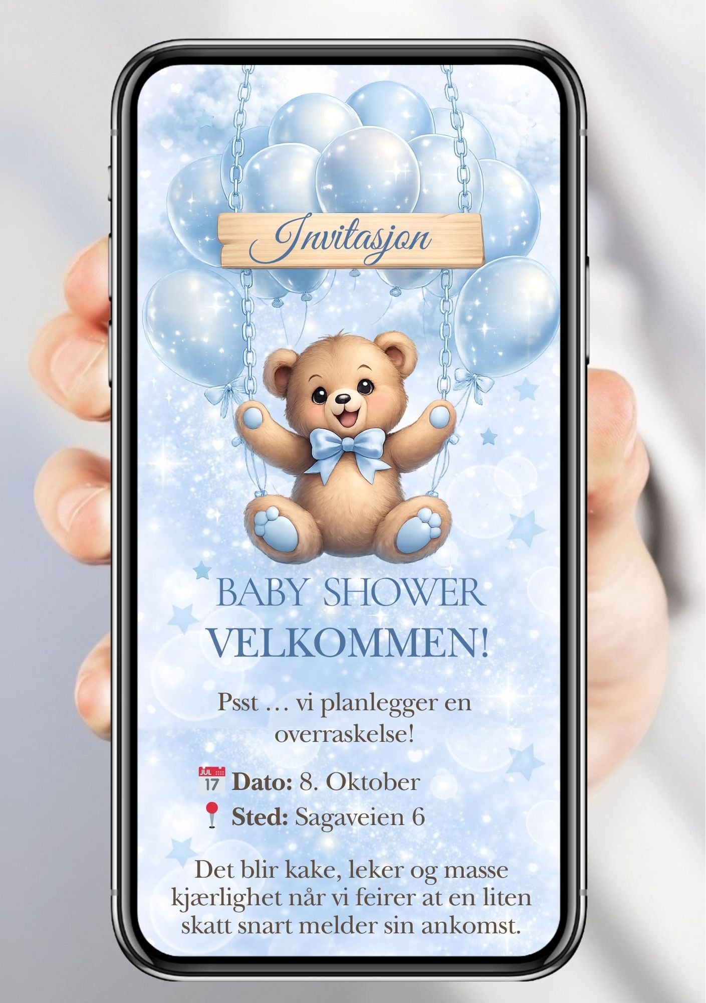 Digital babyshower-invitasjon med søt teddybjørn, glitterstjerner, lyseblå ballonger og personlig overraskelsestekst – drømmende og festlig design