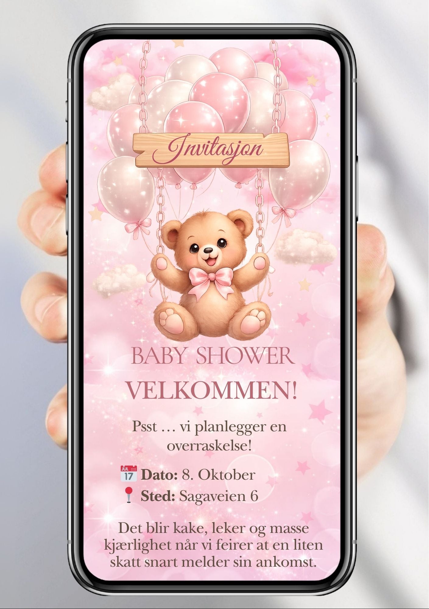 Digital babyshower-invitasjon med søt teddybjørn, glitterstjerner, rosa ballonger og personlig overraskelsestekst – elegant og festlig design