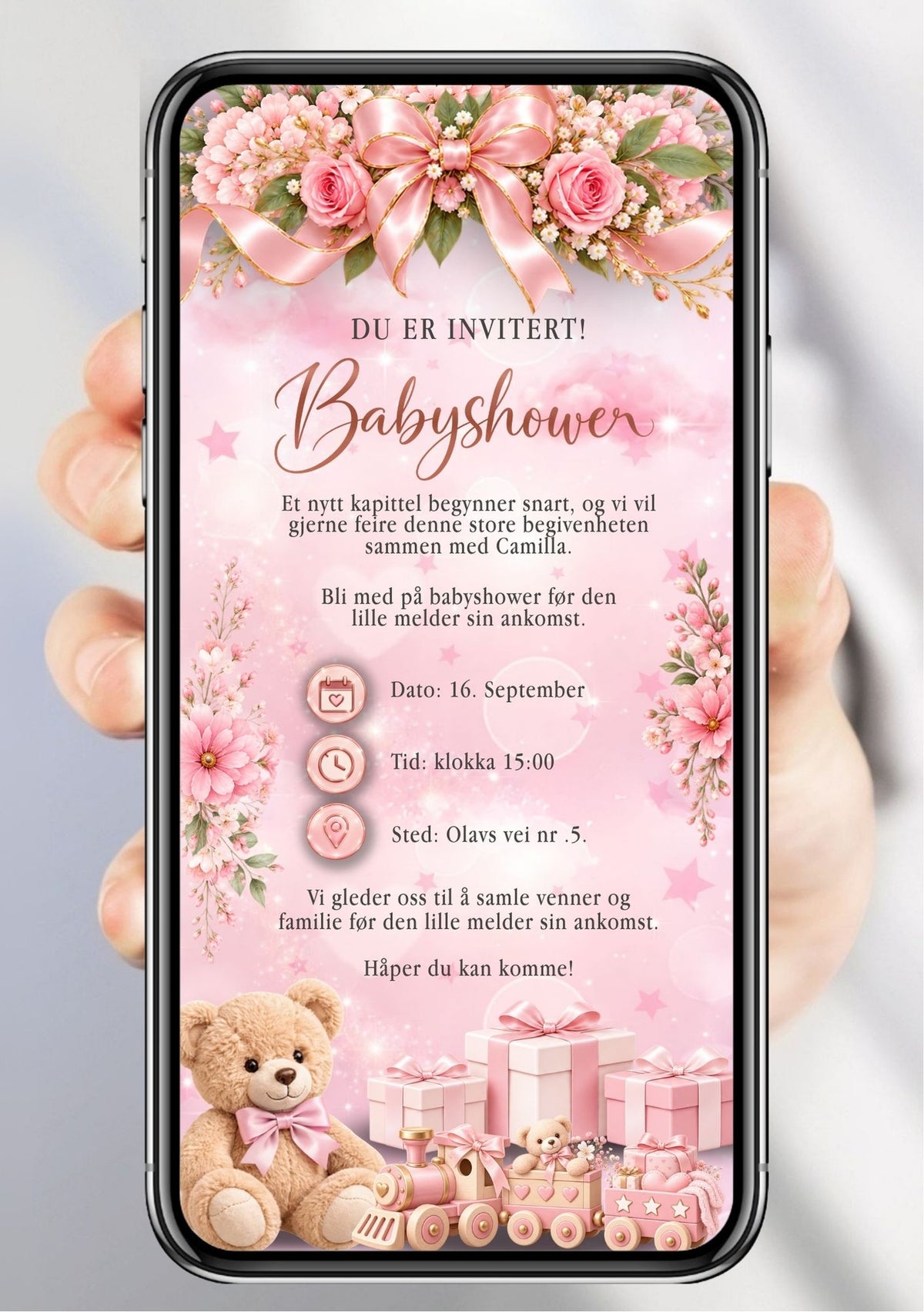 Digital babyshower-invitasjon på rosa glitter-bakgrunn med stor silkesløyfe og roser øverst, rosa stjerner, teddybjørn med sløyfe, lekebil og rosa gaveesker nederst, "Du er invitert! Babyshower" i elegant håndskrift og festdetaljer