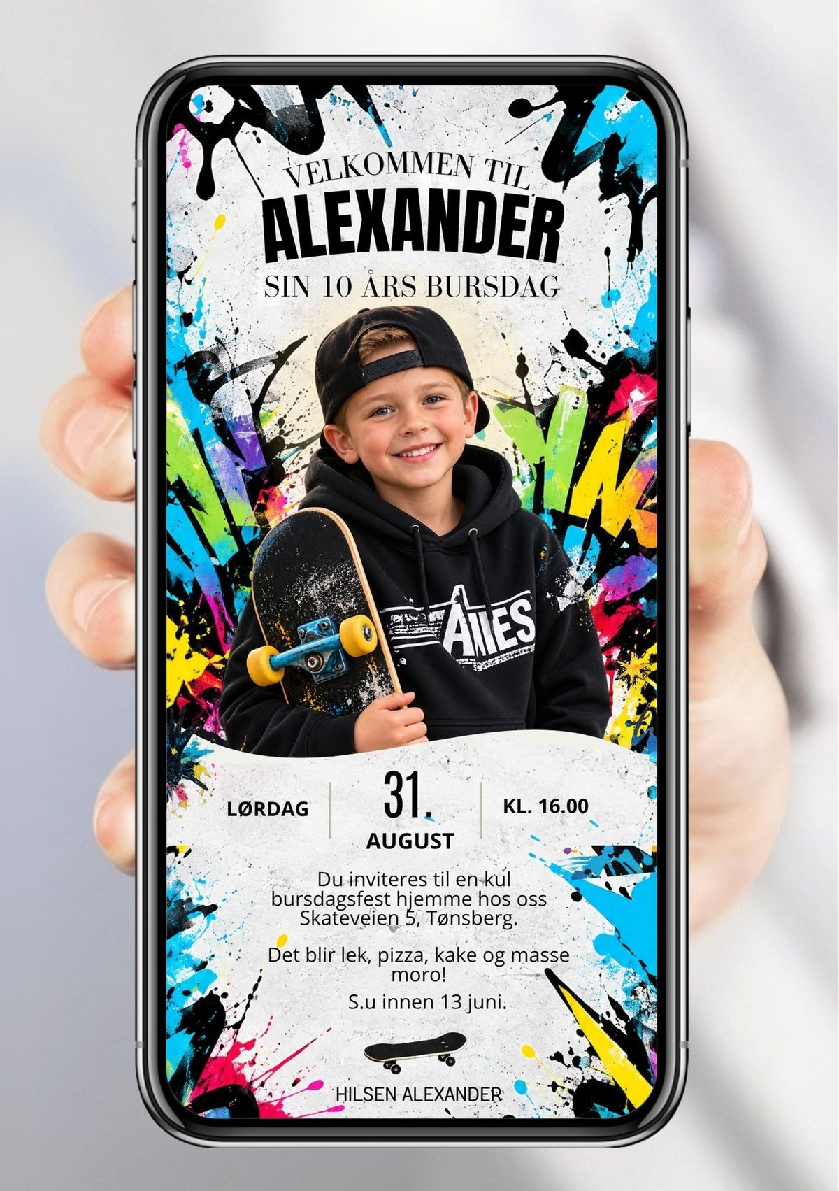 Digital bursdagsinvitasjon med barnefoto mot grafitti-bakgrunn i sterke farger – blå, gul, rød og grønn – med skateboard, "Velkommen til bursdag", navn, dato og klokkeslett