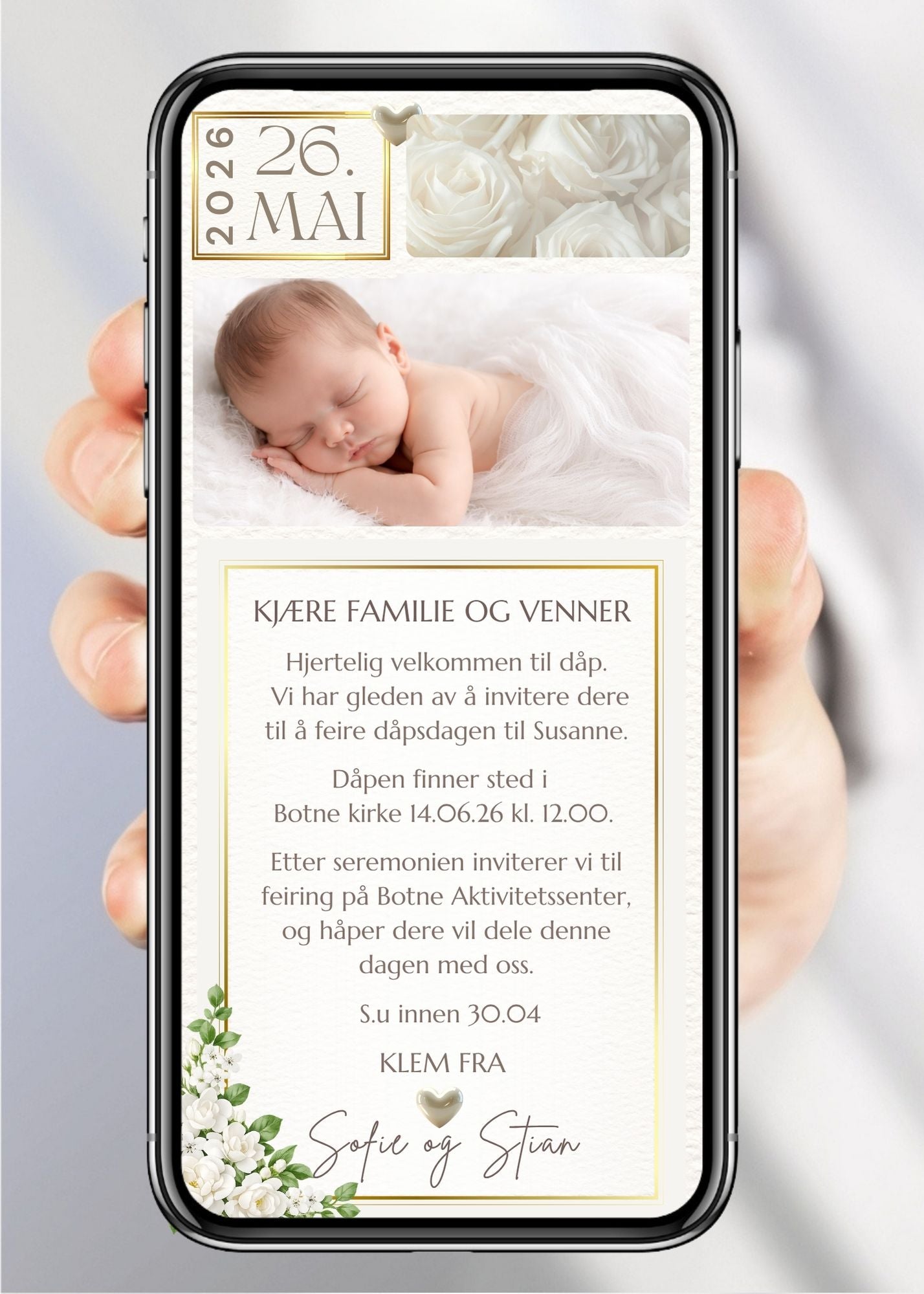 Eksklusiv dåpsinvitasjon med hvite roser, gullramme og bilde av sovende baby – vist på mobilskjerm