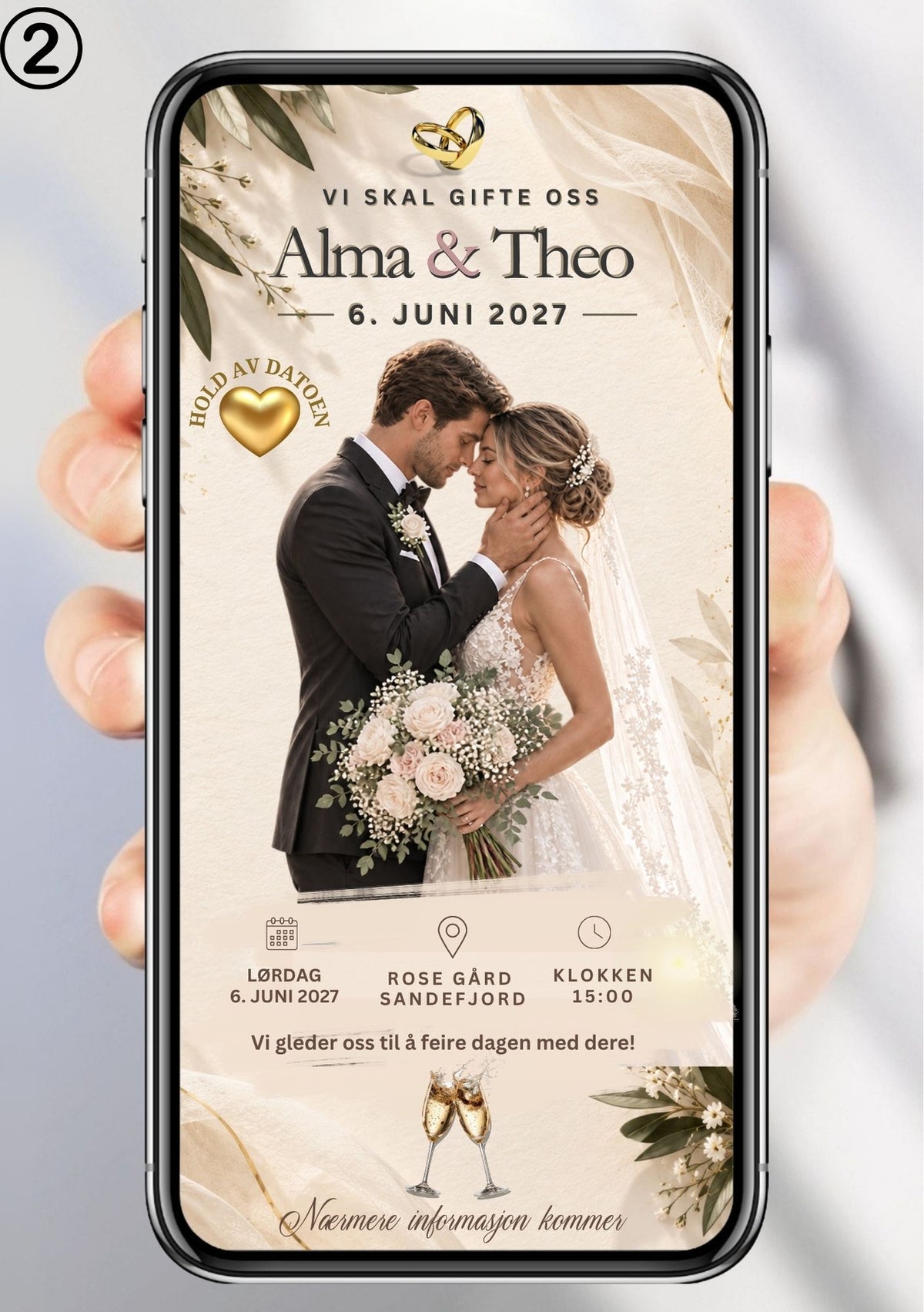 Save the Date med brudepar ansikt til ansikt med blomsterbukett, olivengrener øverst, champagneglass og brudepar-navn "Alma & Theo" på beige bakgrunn