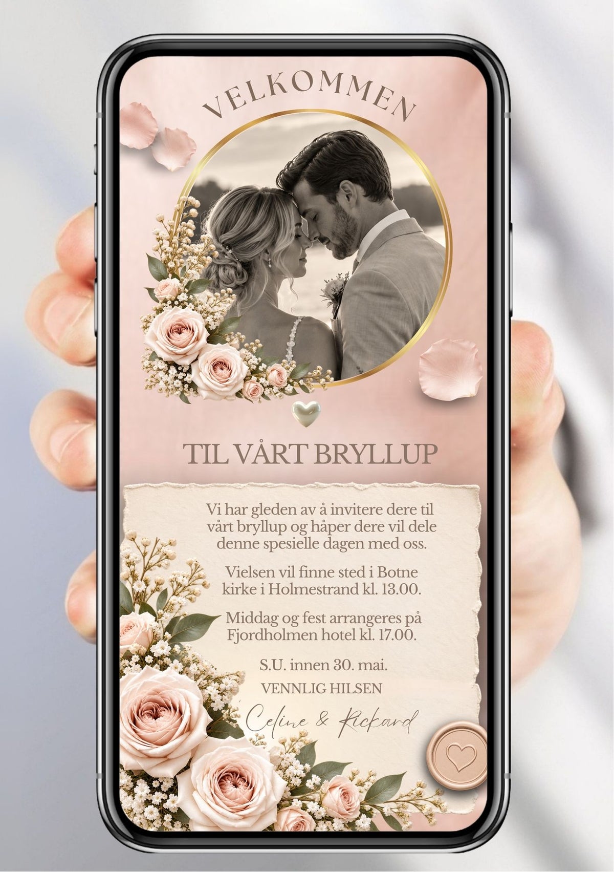 Bryllupsinvitasjon med rundt brudepar-foto i gullramme, rosa roser, gypsophila, vokssegl med hjerte og teksten "Velkommen til vårt bryllup" på blush bakgrunn