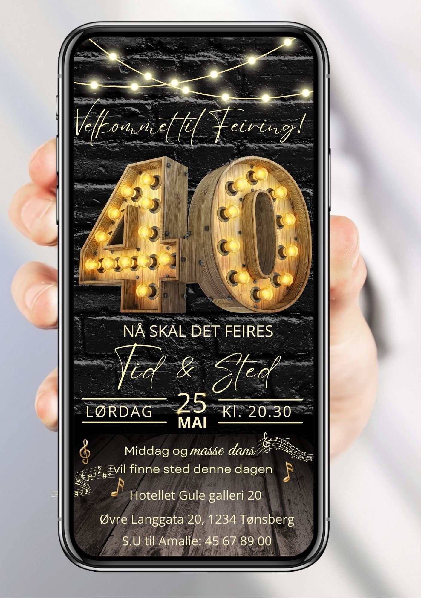 Digital bursdagsinvitasjon med gull 40-tall og festlys på sort bakgrunn, vist på mobilskjerm