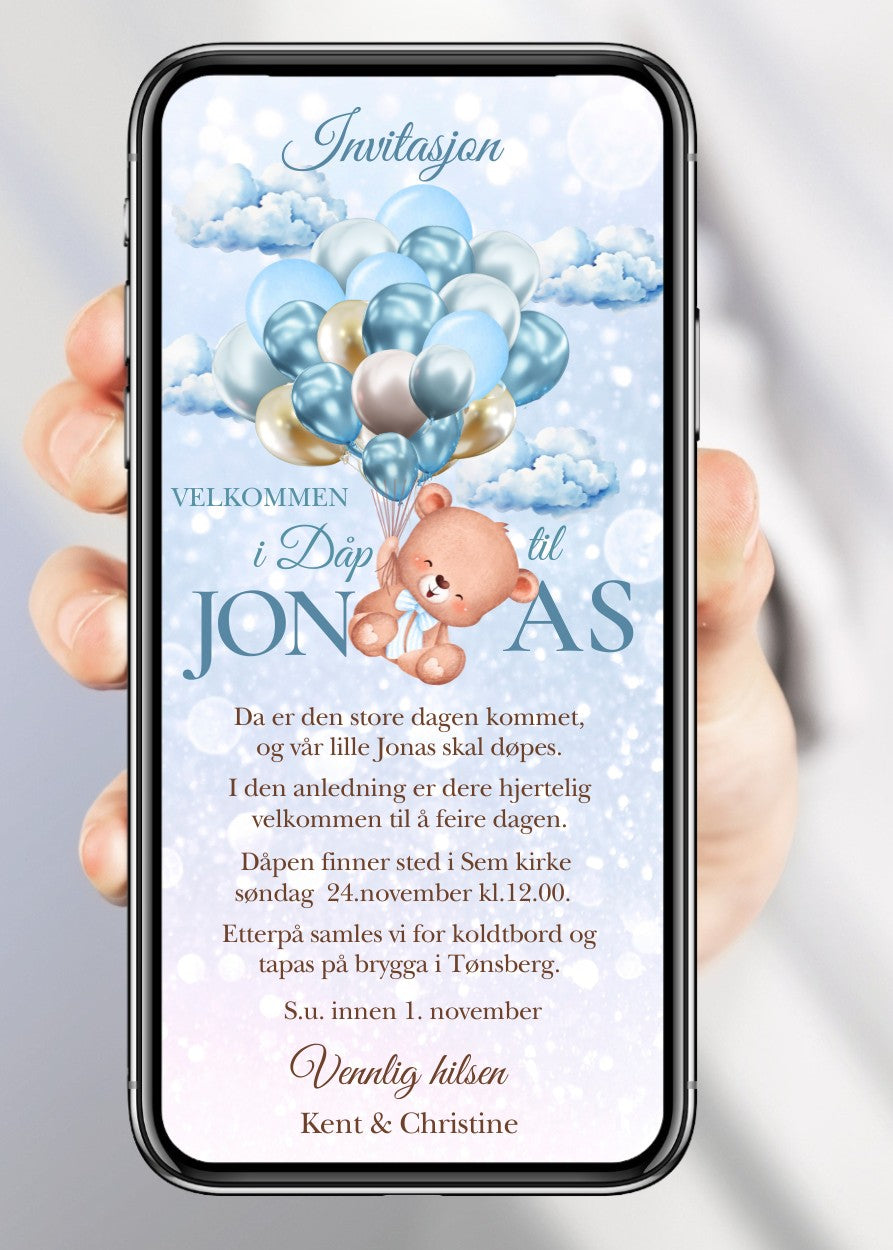 Invitasjon dåp og navnefest blå med bamse - personlig design med ferdig tekstforslag - KISS DEKOR