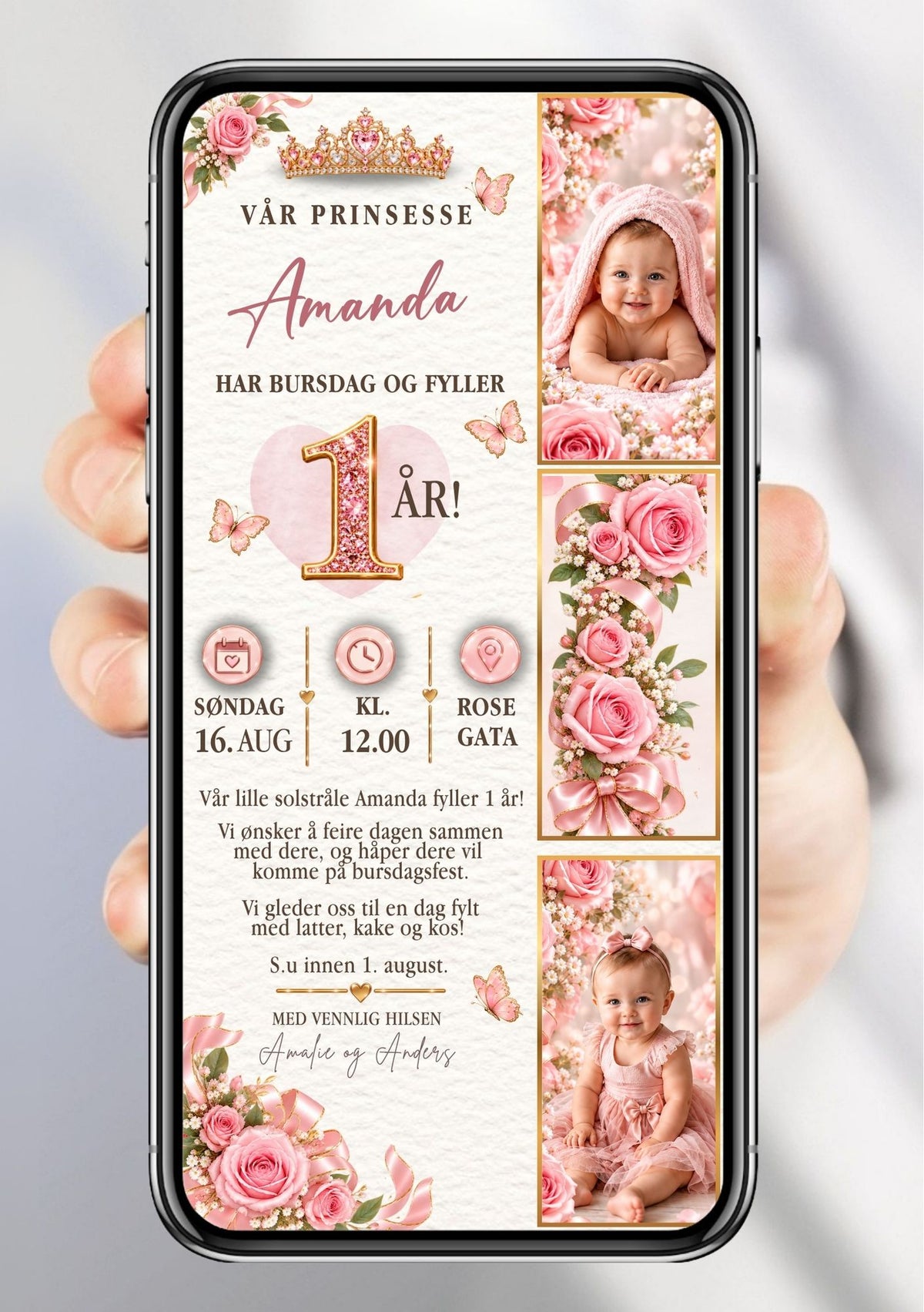 Digital bursdagsinvitasjon med tre babyfoto i gullrammer, rosa roser og gypsophila, gullkrone øverst, rosa sløyfe, sommerfugler, navn i håndskrift, "Har bursdag og fyller 1 år!" og festdetaljer på ivory/hvit bakgrunn