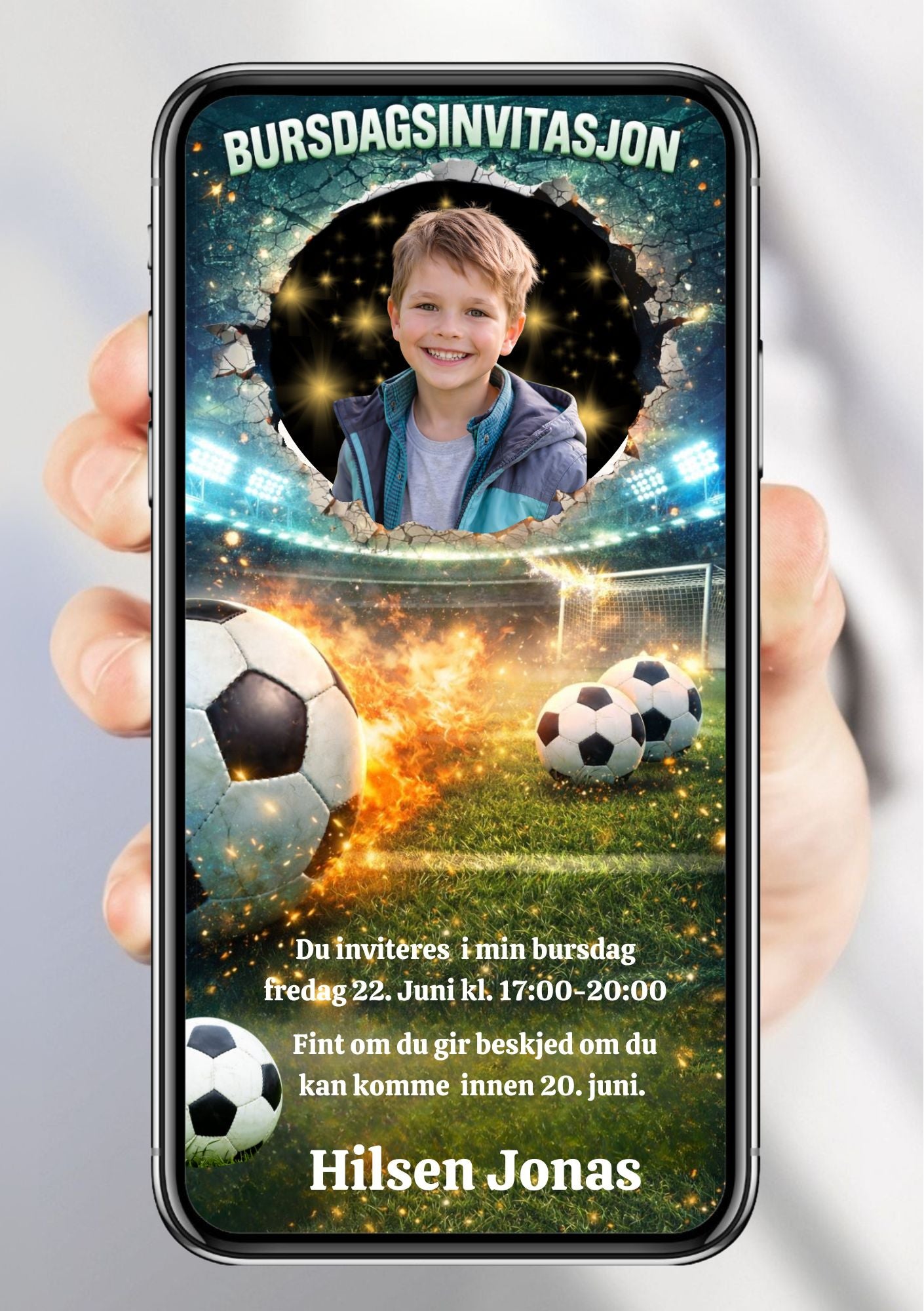 Fotball bursdagsinvitasjon – klassisk sportsdesign for barn