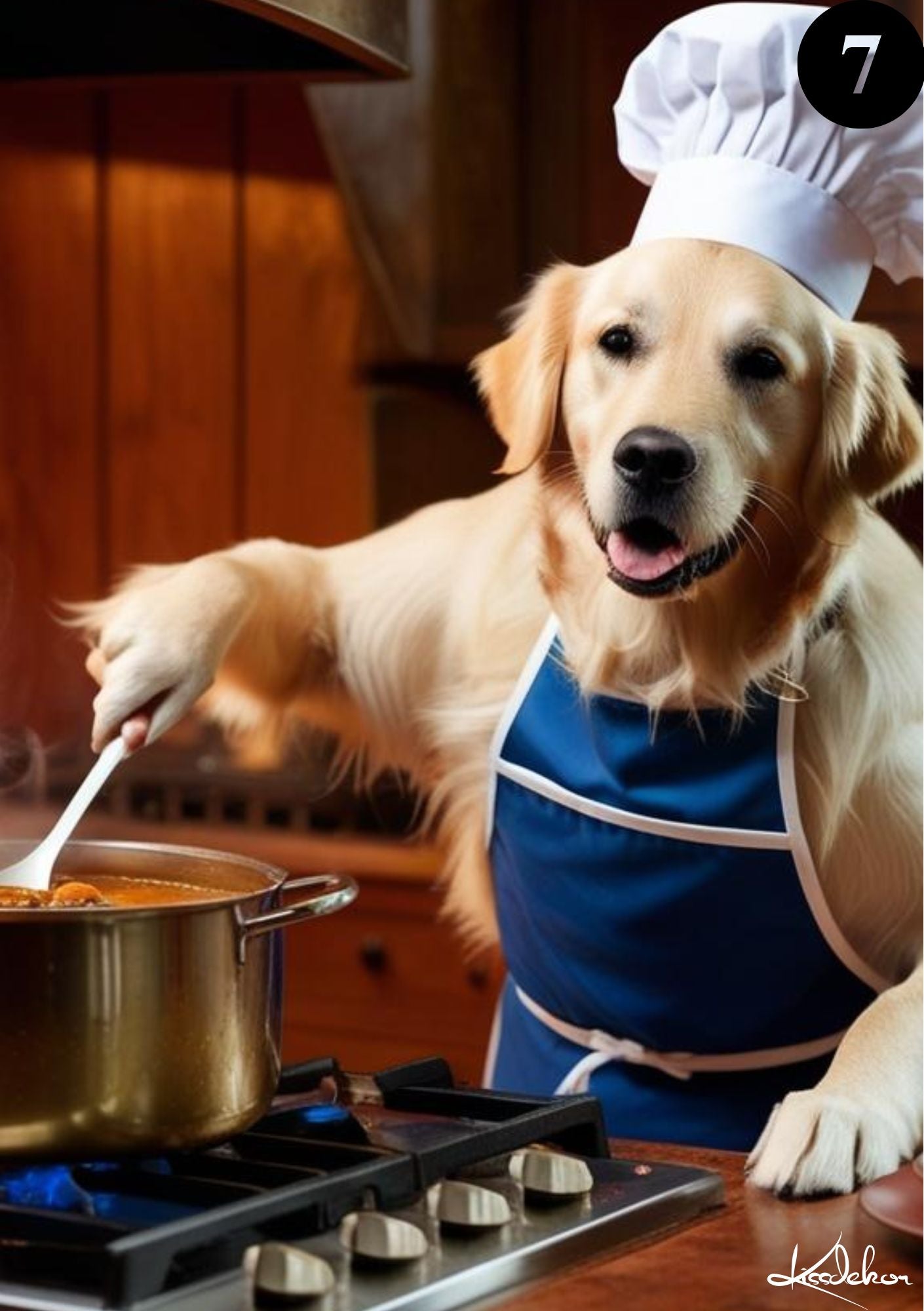 Golden Retriever kokk med blå forkle - søt hund som kokk i kjøkkenet fra KISS DEKOR