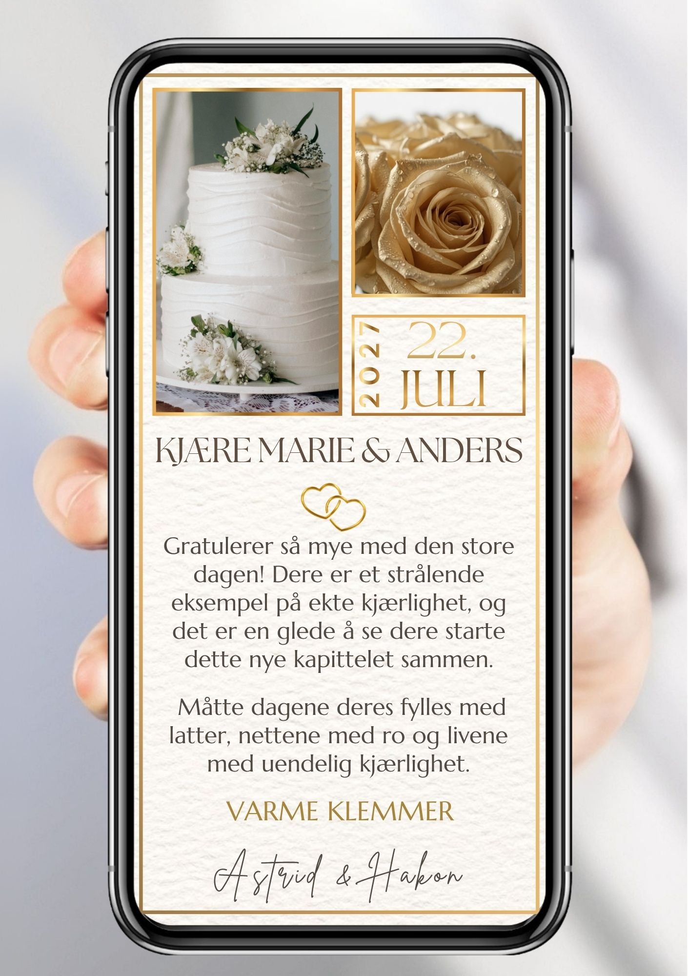 Digitalt gratulasjonskort til brudepar med hvit bryllupskake, gullrose og dato 22. juli – personalisert med navn og hilsen