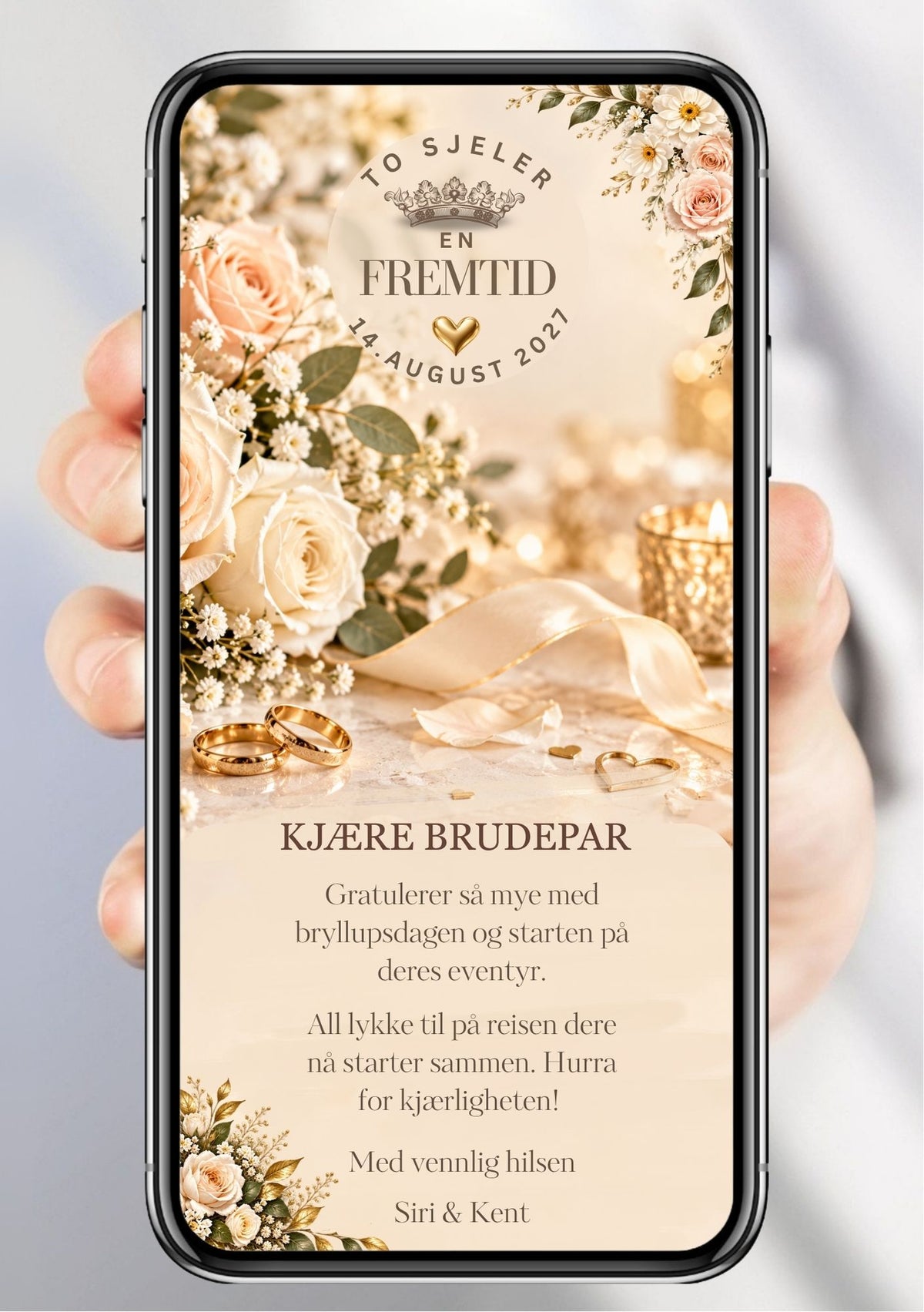 Gratulasjonskort til brudepar vist på mobil, med kremhvite og rosa roser, gullringer, en krone og en lyslykt med varmt lys.