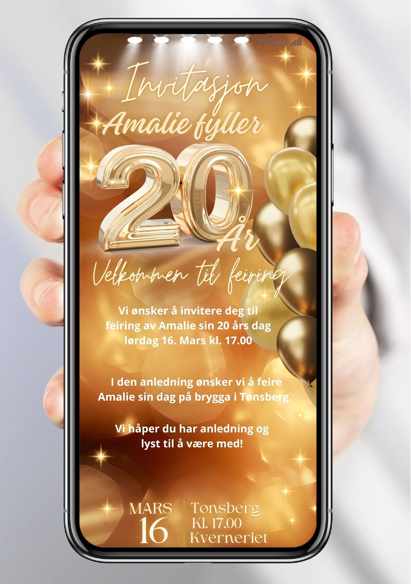 Digital bursdagsinvitasjon med gull tall, gull ballonger og stjerner på gull bakgrunn, vist på mobilskjerm